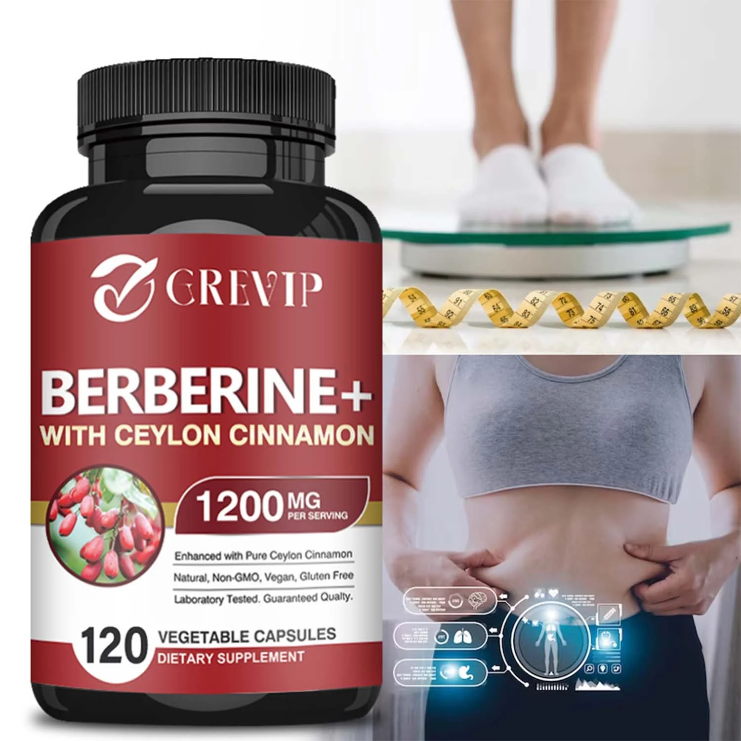 Grevip Berberine HCI+Ceylon Cinnamon 1200mg -Cardiovascular Health,Blood Sugar Support(30/60/120pcs)