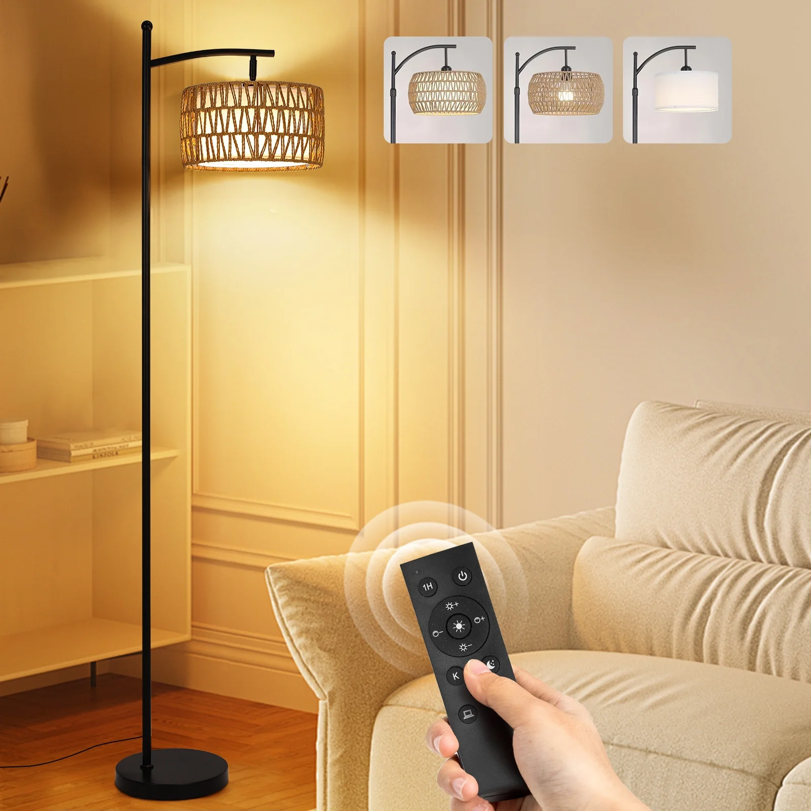 Rattan Floor Lamps, Arc Floor Lamp with Remote, Dimmable Rattan Floor Lamp with LED Bulb, Boho Farmhouse Tall Pole Lamp with Rattan & Fabric Shades, Modern Black Standing Lamps for Living Room Bedroom