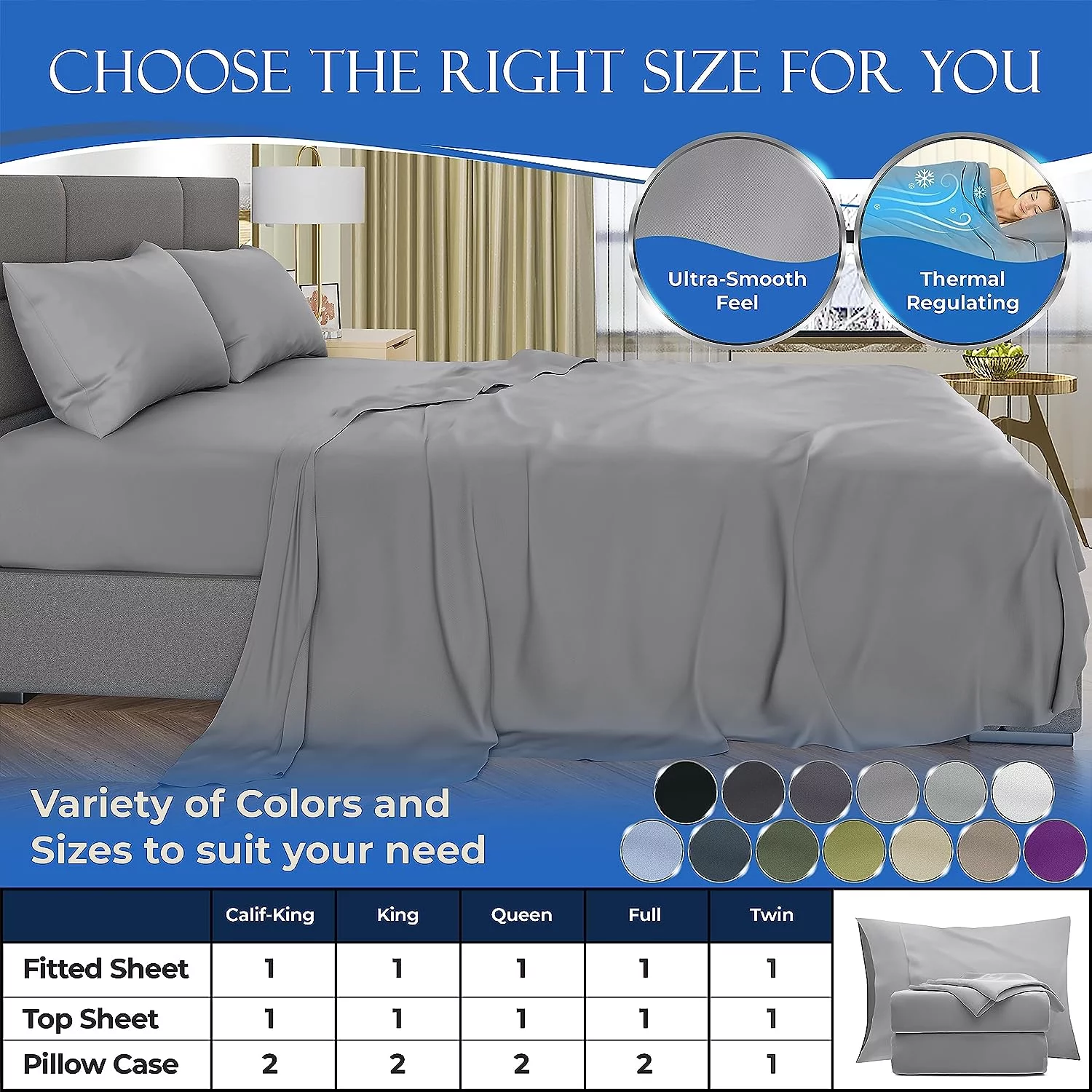 KESHENGDA 100% Organic Bamboo Sheets Set 4 pcs - Luxury Smooth Full Size Sheet Set Bamboo w/Deep Pocket - Cool and Silk Soft Bamboo Sheets for Full Size Bed, Cooling Full Bed Sheets (Mid Grey)