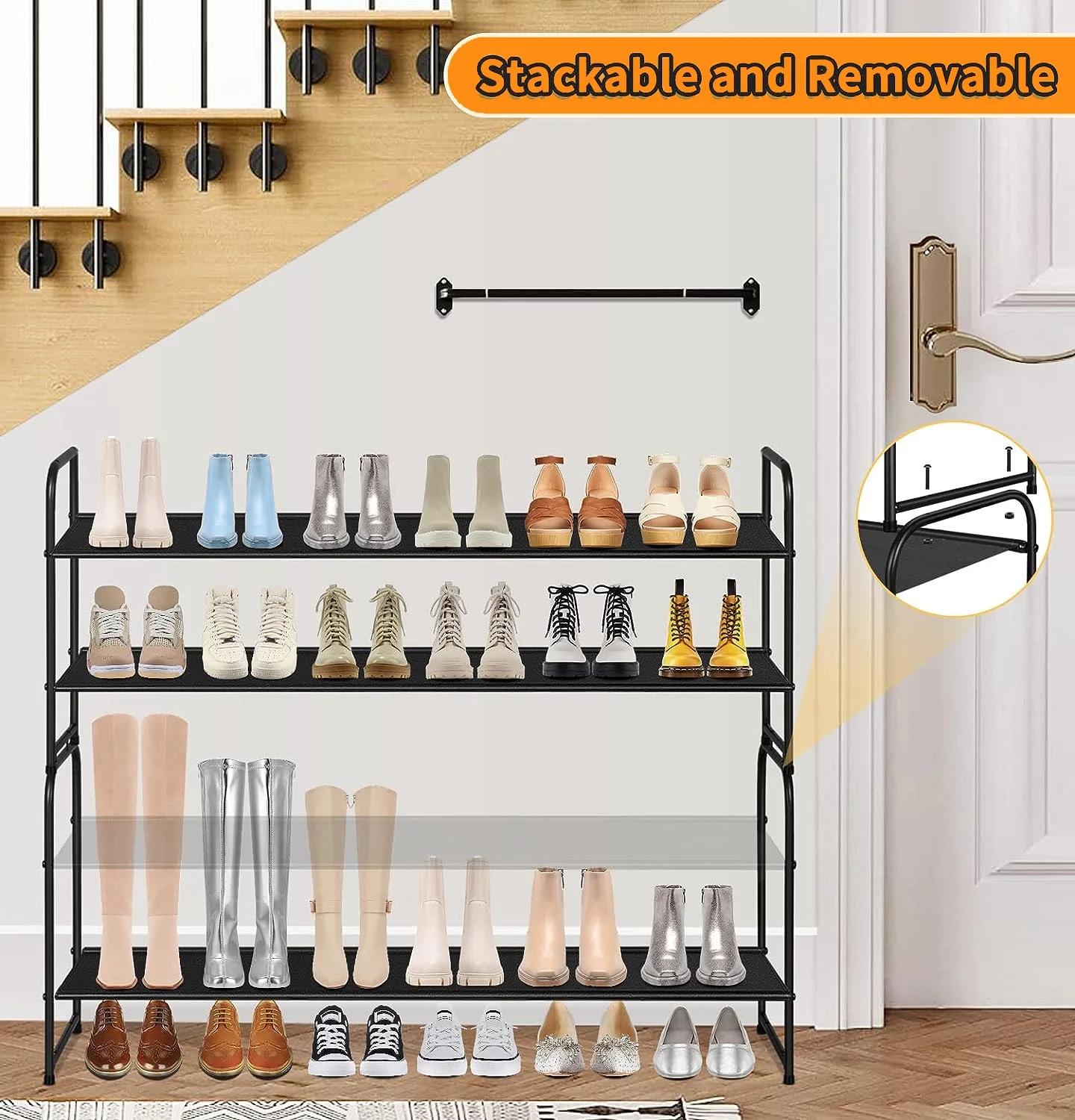 MISSLO Stackable Long Shoe Rack, 2-Tier Wide Shoe Rack Organizer Holds 18-Pairs Shoe Stand Shelf Storage for Closet, Bedroom, Floor, Entryway (Black)