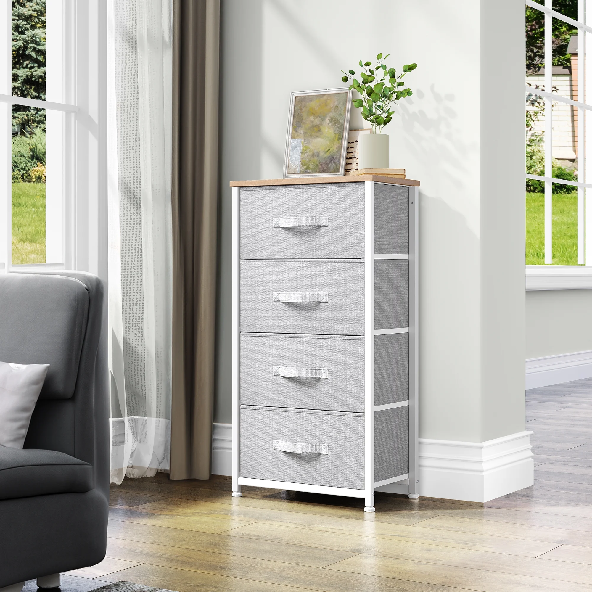 Dextrus Chest 4 Drawers Bedside Dresser Furniture Organizer for Bedroom Office, Light Gray