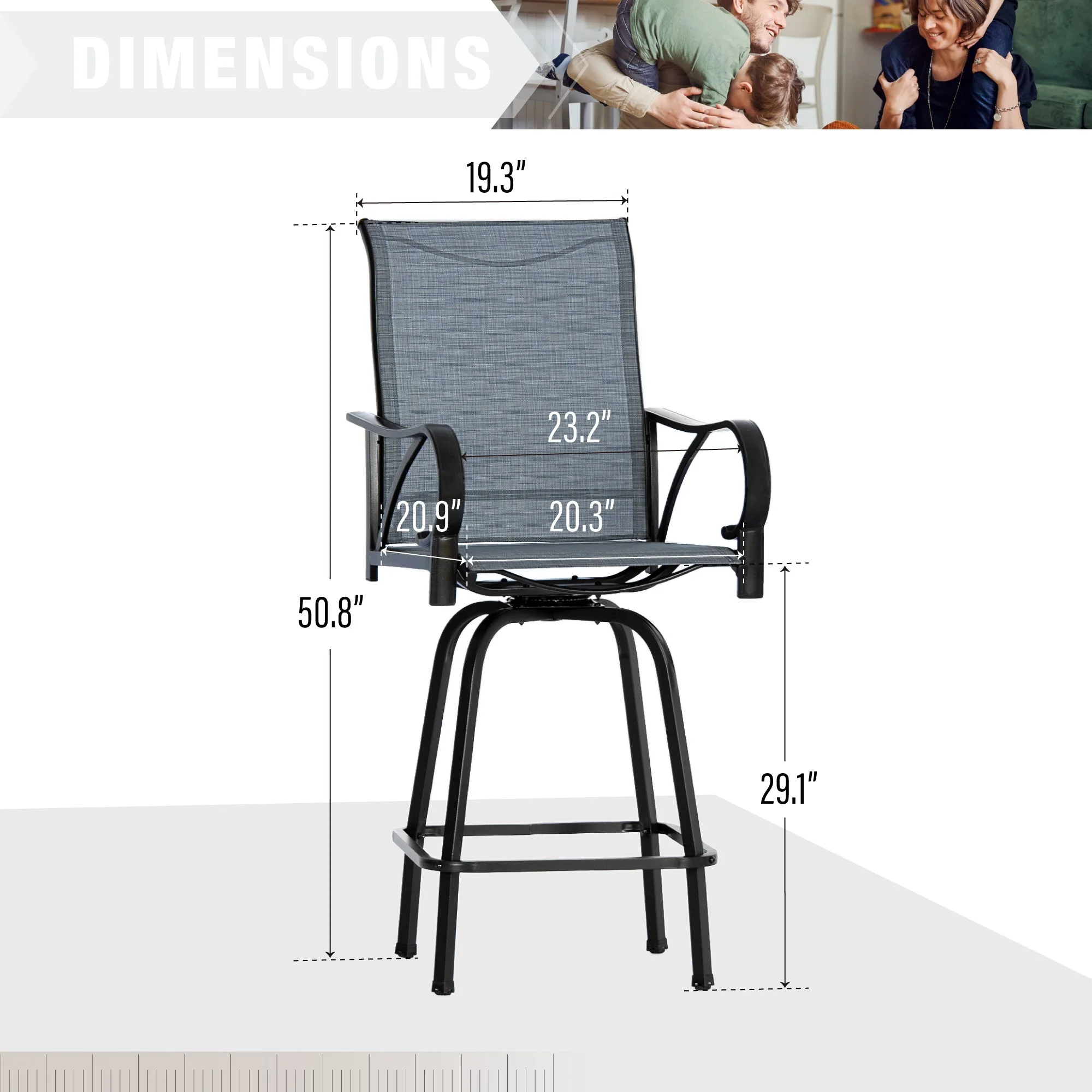 MF Stuido Outdoor Metal Swivel Bar Stools Set of 2,Patio Bar Counter Height Bistro Chairs,Black&Grey