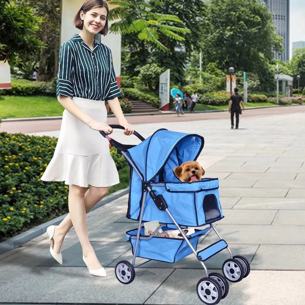 Dkelincs Pet Stroller- Folding Cat Stroller for Medium Dogs with 4 Wheel & Cup Holder, Blue