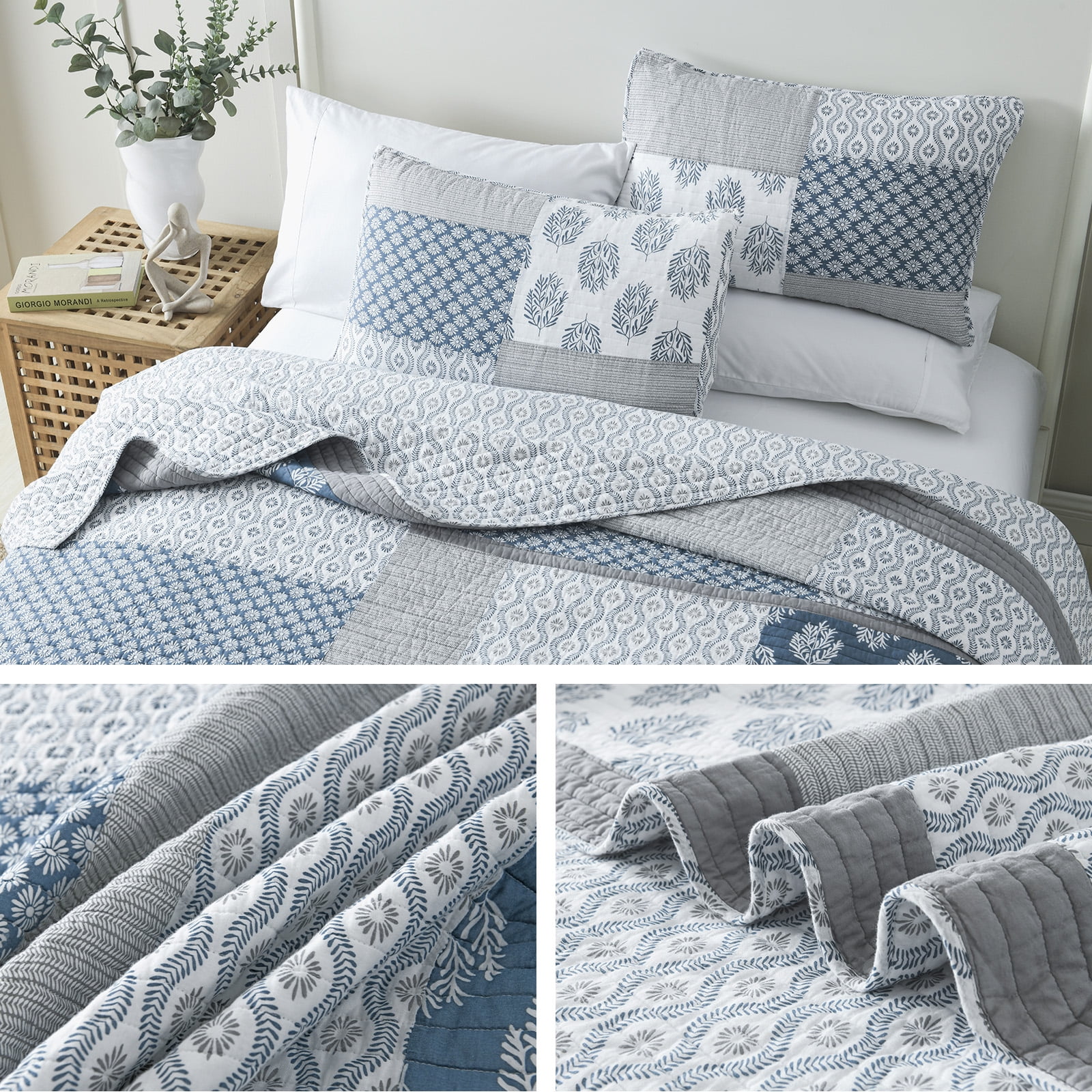 SahSahCasa Quilt Set Queen Size - 100% Cotton Lightweight Queen Quilt, Patchwork Farmhouse Floral Queen Comforter Quilted Bedspread, Blue Grey White Reversible Quilt Bedding Set All Season, 3 Pieces