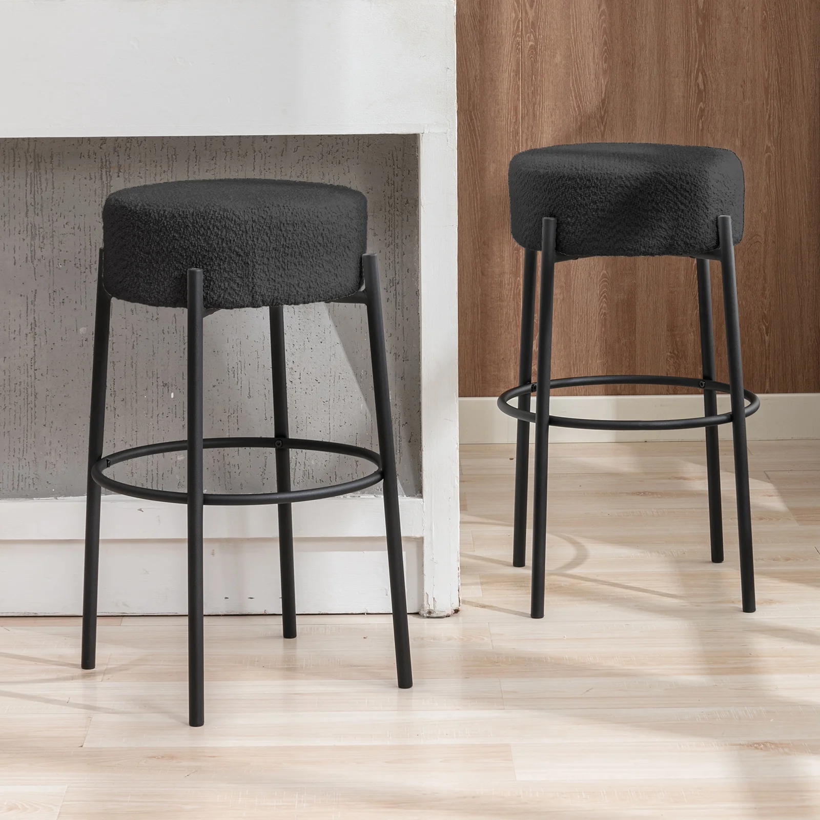ZAFLY 30”Counter Height Bar Stools, Modern Velvet Bar Stools, Dinning Chair with Steel Legs for Kitchen Island - Black, Set of 2