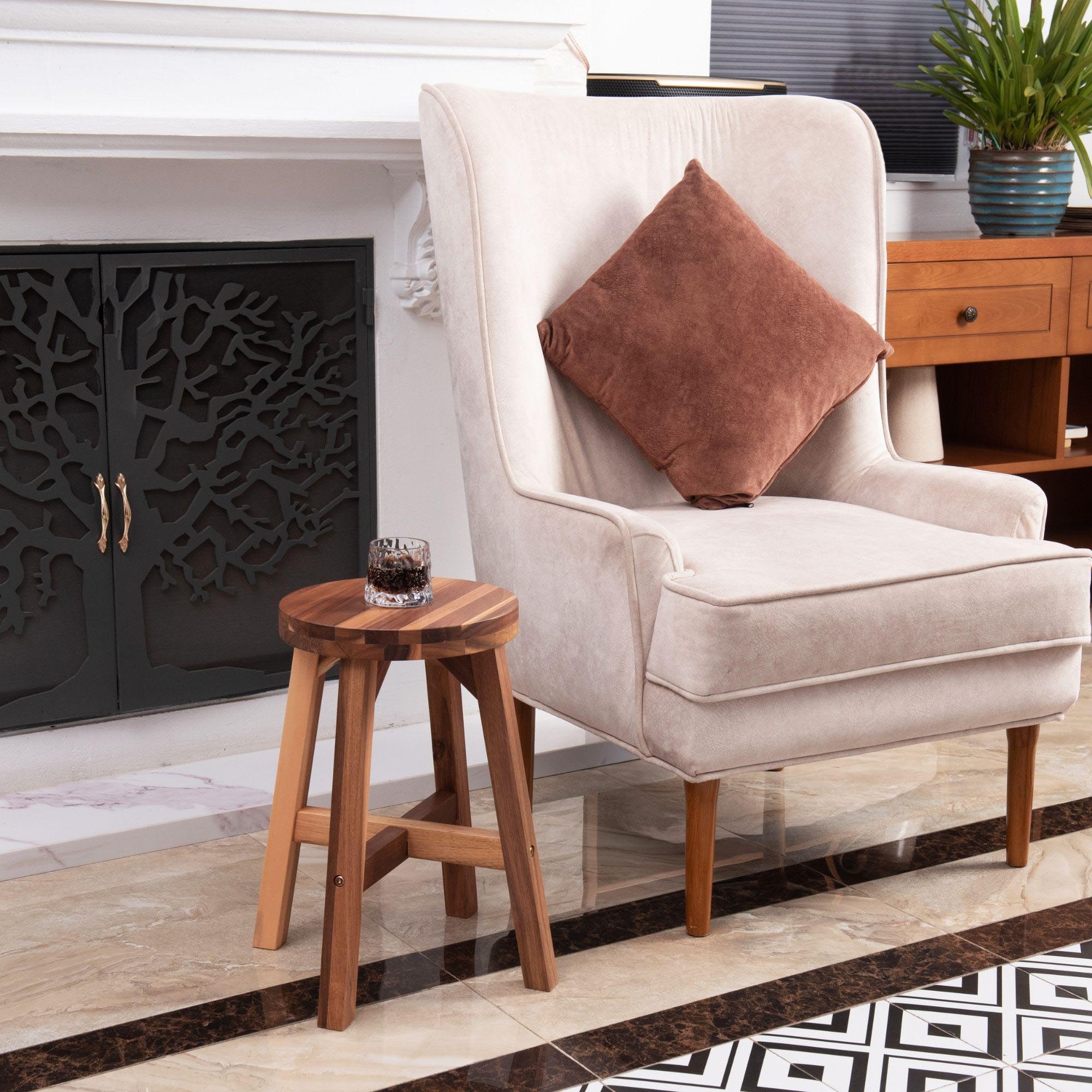 Versatile Acacia Wood Stool Light Brown Compact Size (15.4