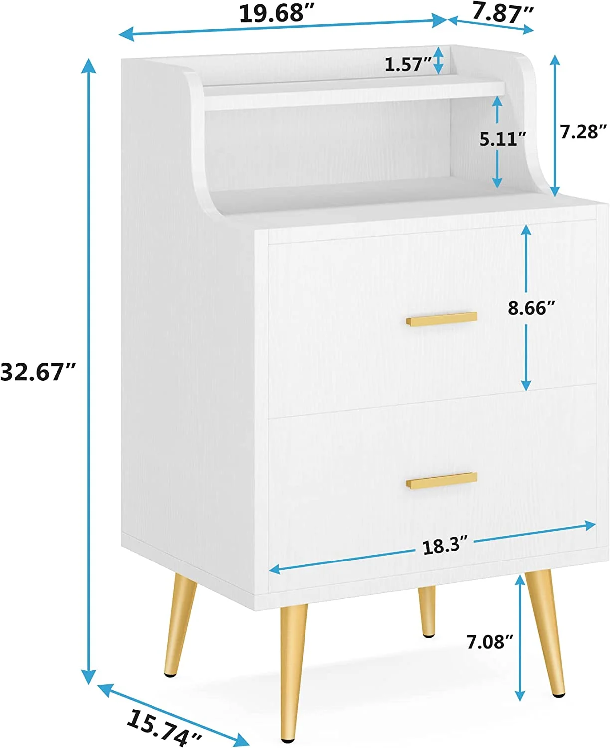 Tribesigns Modern Bedside Table with Drawer and Heightened Open Shelf,White 2 Drawers Nightstand, Golden Bed Night Table for Bedroom, Storage Wooden Night Stand
