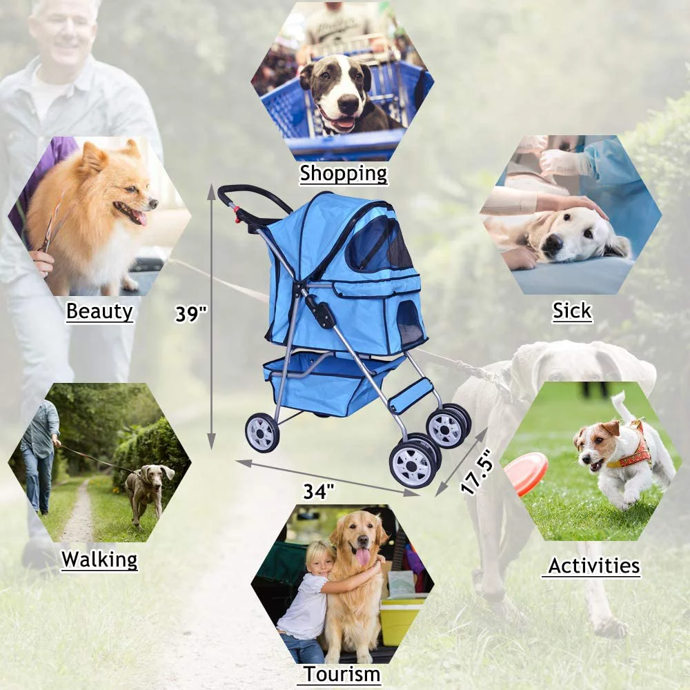 Dkelincs Pet Stroller- Folding  Cat Stroller for Medium Dogs with 4 Wheel & Cup Holder, Blue