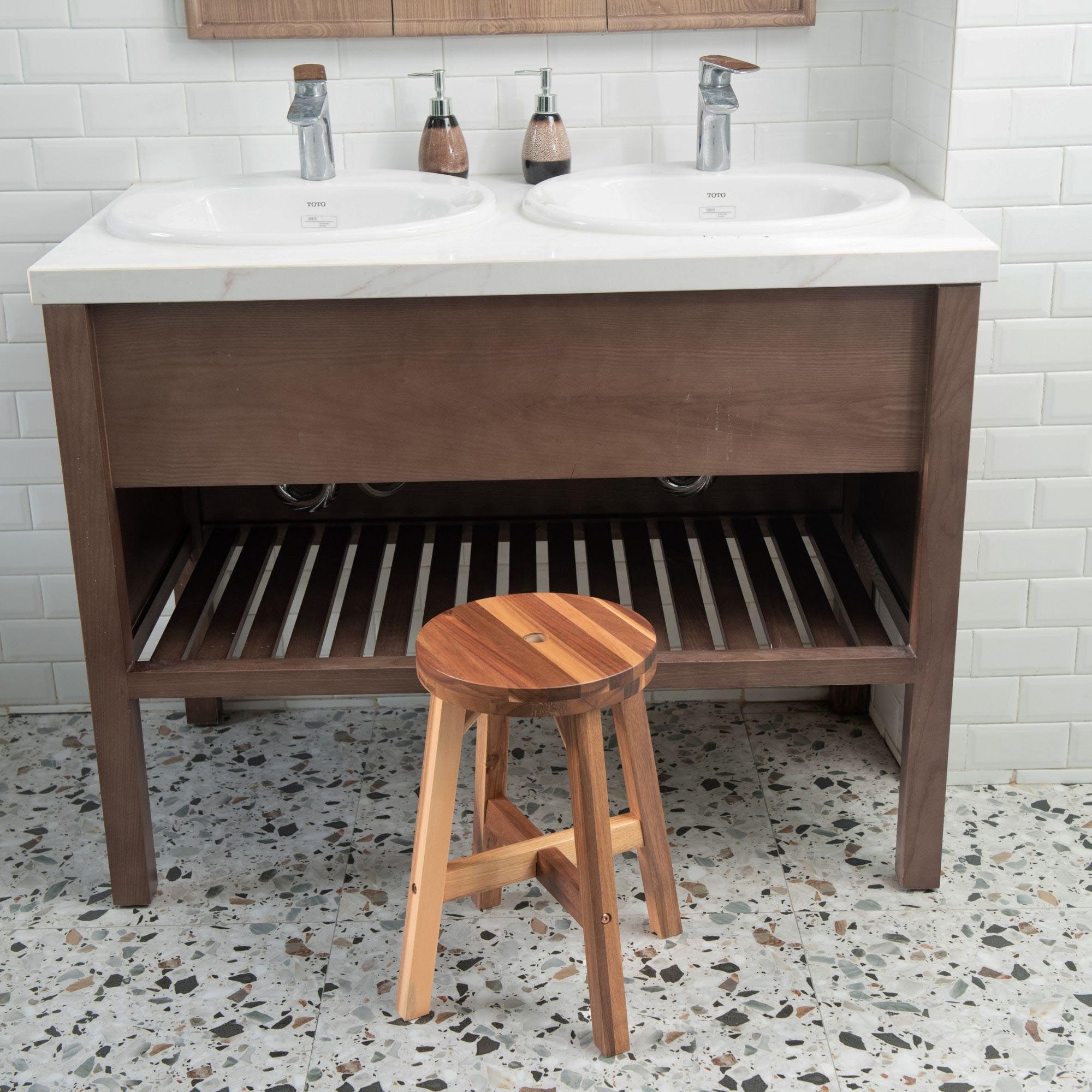 Versatile Acacia Wood Stool Light Brown Compact Size (15.4