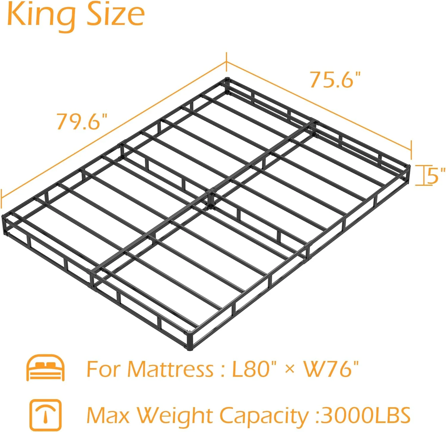King Size Box Spring 5 Inch Low Profile, Heavy Duty Metal Box Spring Bed Base with Fabric Cover, Mattress Foundation, Easy Assembly, Noise Free, Black