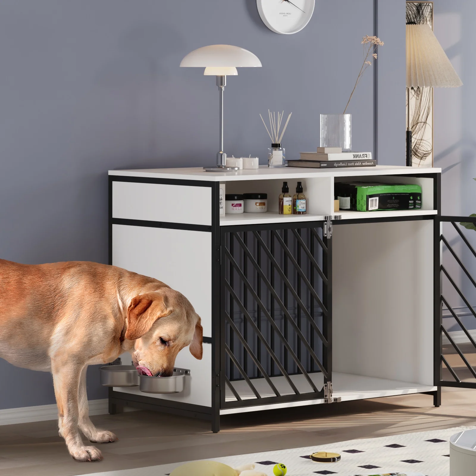 Veanerwood 39” Dog Crate Furniture with 360°Rotating Dog Bowls,Wooden Heavy Duty Dog Kennel Furniture with Storage Drawer for Large Medium Dogs,Double Doors Dog Cage Pet House End Table