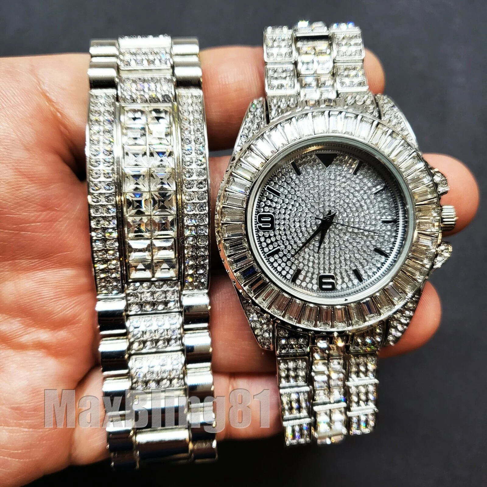 HIP HOP SILVER PT LUXURY METAL BLING WATCH & ICED BAGUETTE STONE BRACELET SET