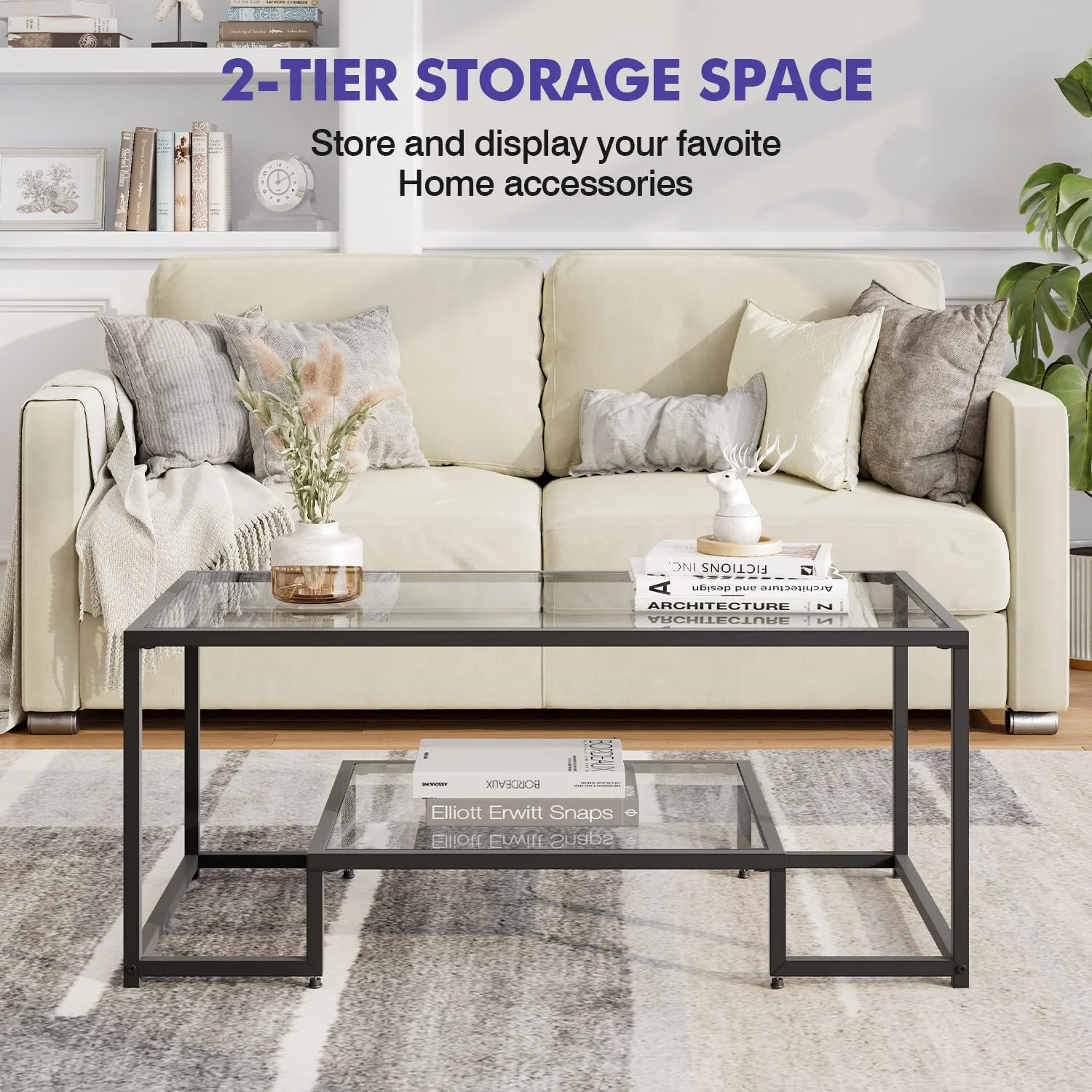 U-SHARE Coffee Table, Black Modern Tempered Glass Coffee Table, 45 Inch Rectangular Center Table with Glass-Top Lower Storage Shelf, Sturdy Metal Frame, for Living Room Home Office