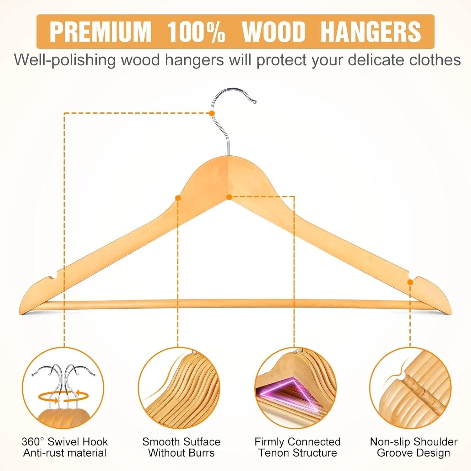 20 Pack Premium Natural Wood Clothes Hangers, Durable Wooden Hangers for Coats, Jackets, Dresses, Pants, and Shirts