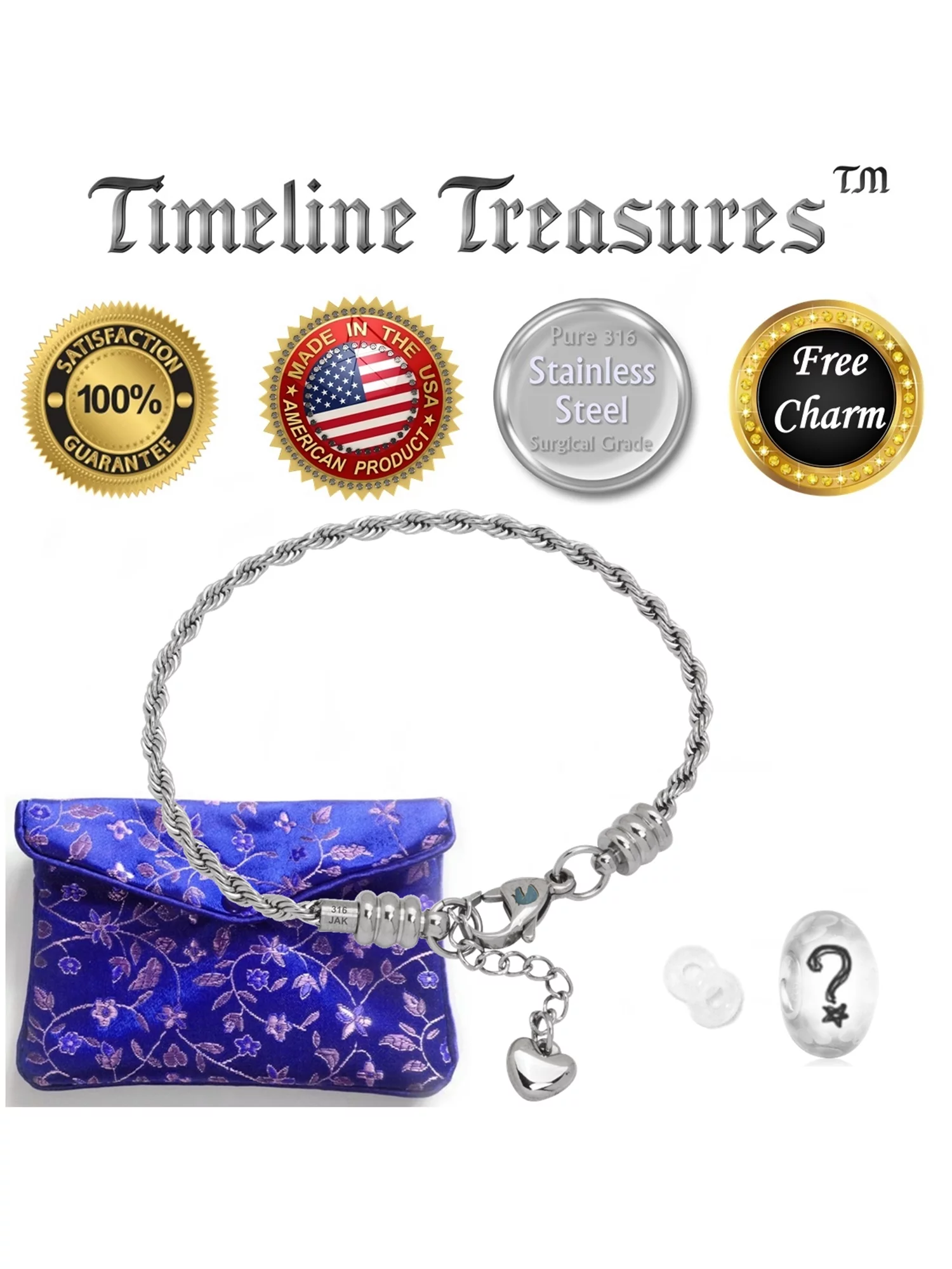 Charm Bracelet For Women, Stainless Steel Rope Chain, Fits Pandora Charms, Lobster Claw Clasp, 10 Inch (25.5 cm)
