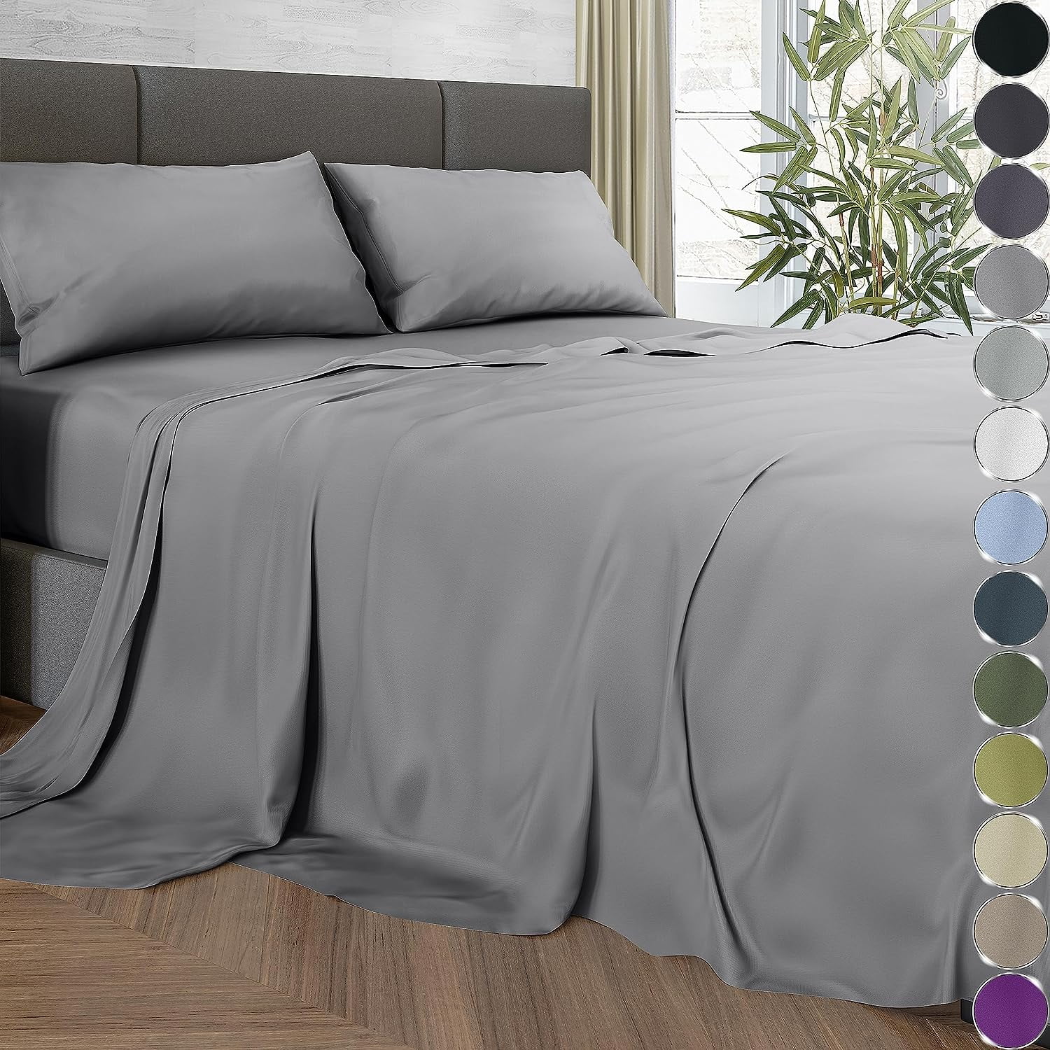 KESHENGDA 100% Organic Bamboo Sheets Set 4 pcs - Luxury Smooth Full Size Sheet Set Bamboo w/Deep Pocket - Cool and Silk Soft Bamboo Sheets for Full Size Bed, Cooling Full Bed Sheets (Mid Grey)
