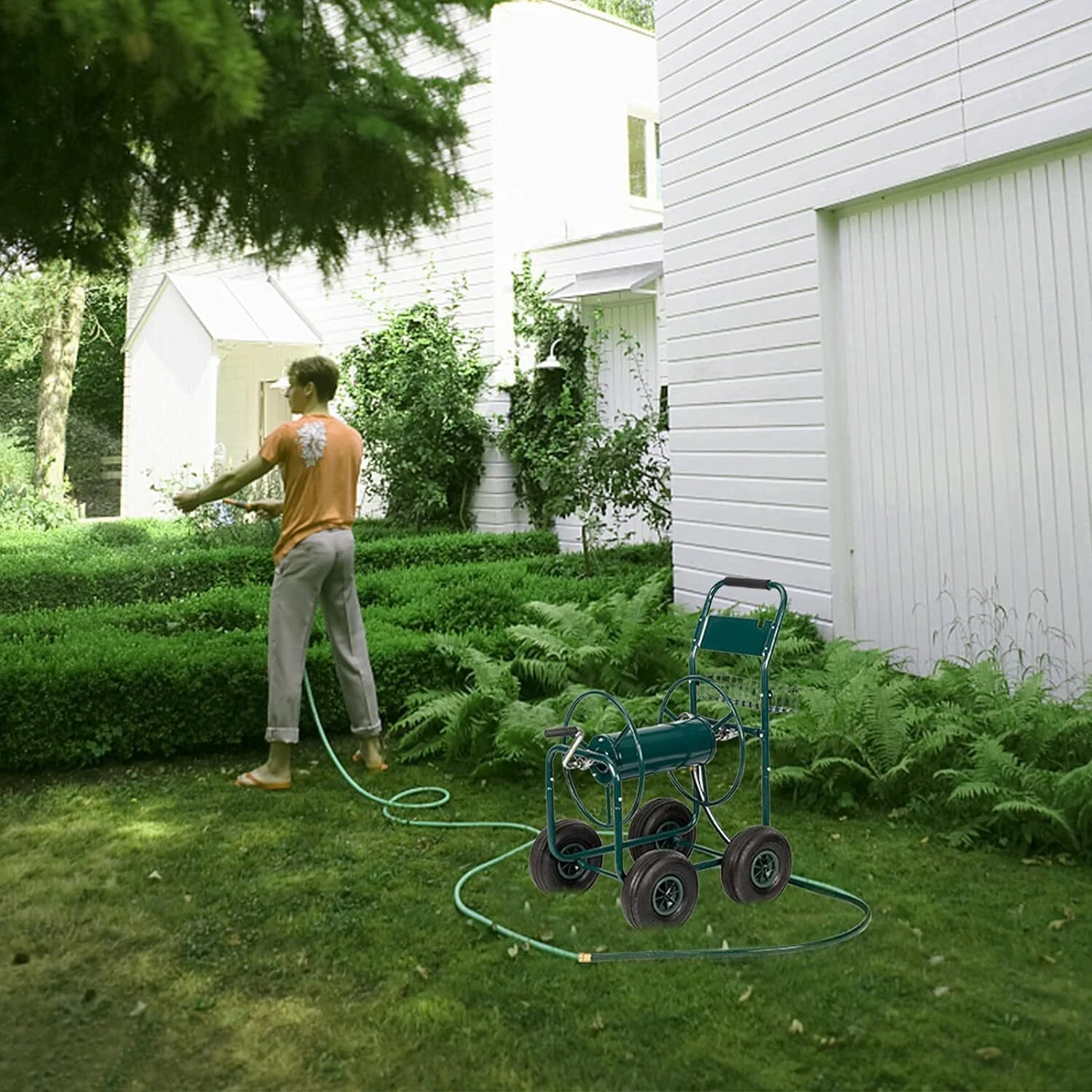 Oufan Garden Hose Reel Cart, Lawn Water Planting Cart with Wheels, Heavy Duty Outdoor Yard Water Planting Truck Holds 300-Feet of 5/8-Inch Hose with Storage Basket for Patio Farm(Green)