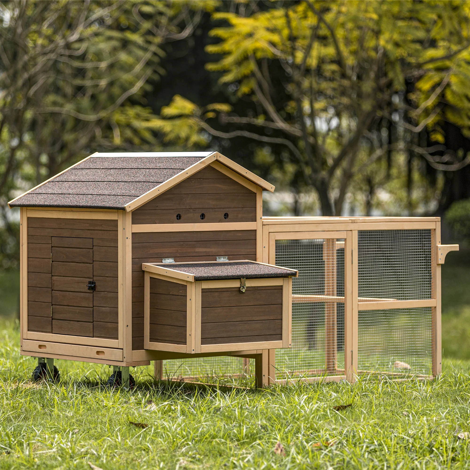 81”L Movable Chicken Coop with Wheels for 4-6 Chickens, Outdoor Chicken Coop with Run and Nesting Box Wooden Duck House Poultry Cage Chicken Hutch with Ramps for Hens Ducks and Rabbits