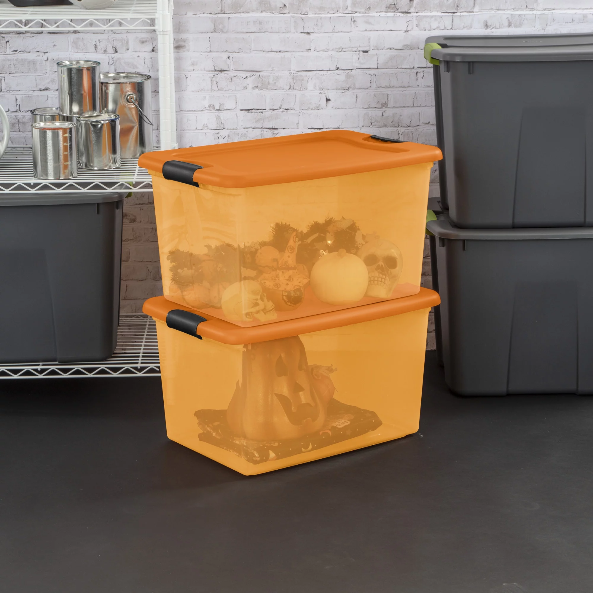 Sterilite Orange 64 Qt Latching Plastic Storage Box Container Tote, 12 Pack