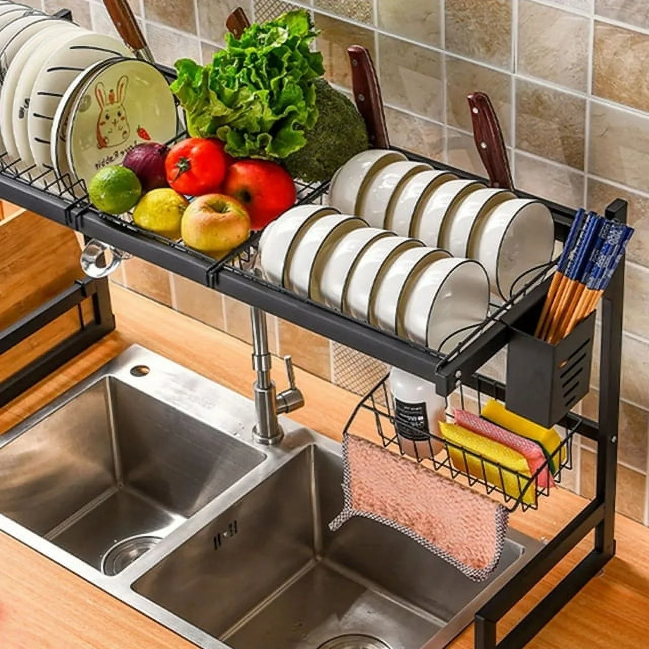 Over The Sink Dish Drying Rack, Large Stainless Steel Drainage Rack 2 Tier Dish Drainer Kitchen Count Organization and Storage 33.4 Inch
