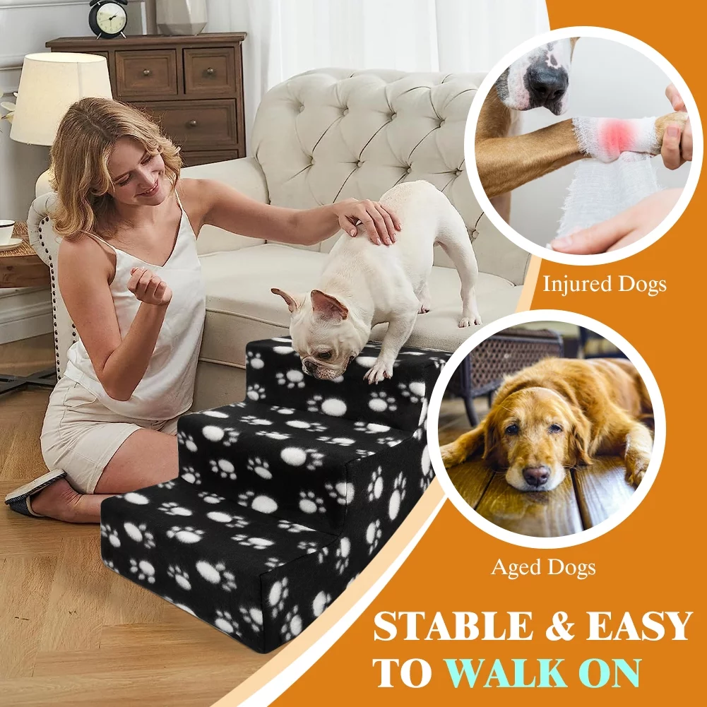 Vivifying Pet Stairs 3 Steps Indoor Dog Cat Steps Bed Ramp for Puppies up to 45 lbs Black with Paw
