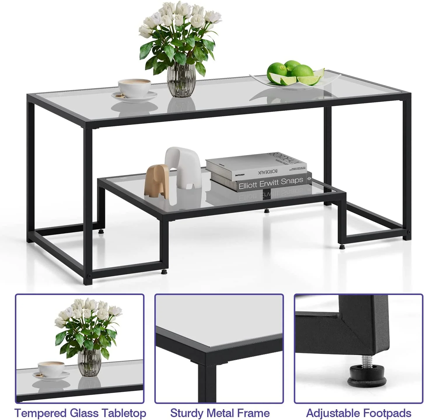 U-SHARE Coffee Table, Black Modern Tempered Glass Coffee Table, 45 Inch Rectangular Center Table with Glass-Top Lower Storage Shelf, Sturdy Metal Frame, for Living Room Home Office