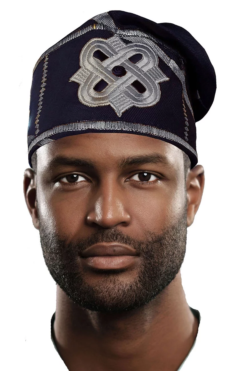 Navy-blue and Silver Embroidered African Hand woven Aso Oke Hat