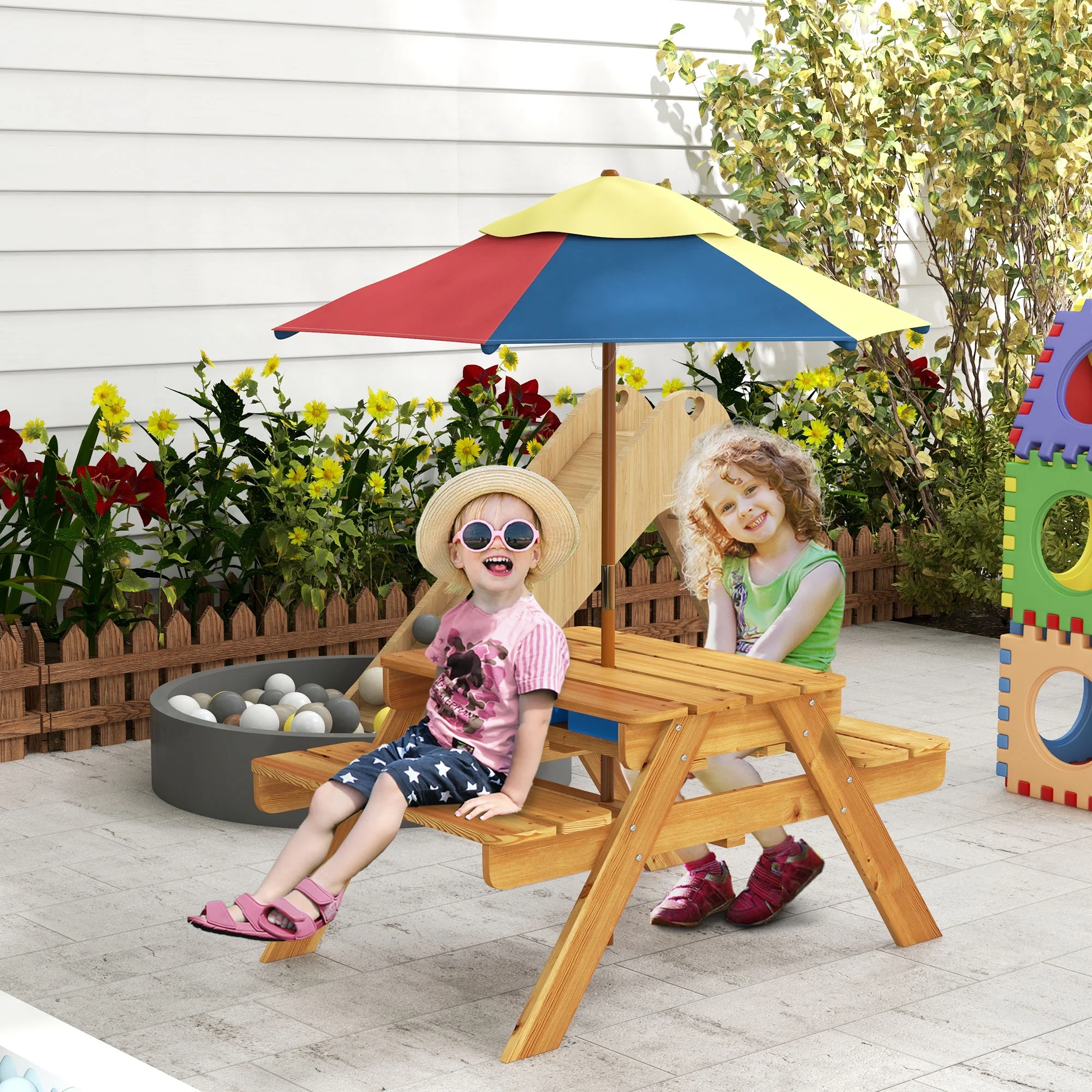 Outsunny 3 in 1 Kids Sand and Water Activity Table W/ Foldable Umbrella