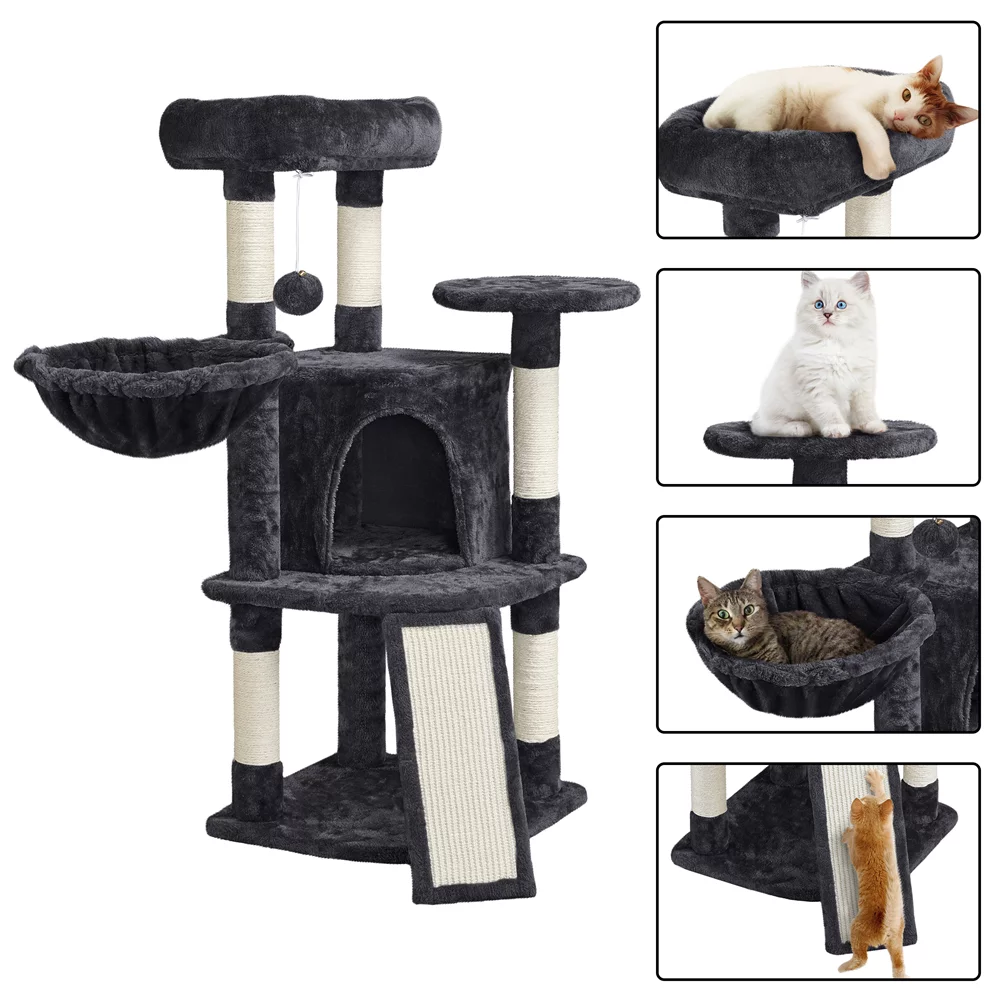 Easyfashion Professional Cat Tree Plush Tower with Basket for Small Kittens, Indoor, Black