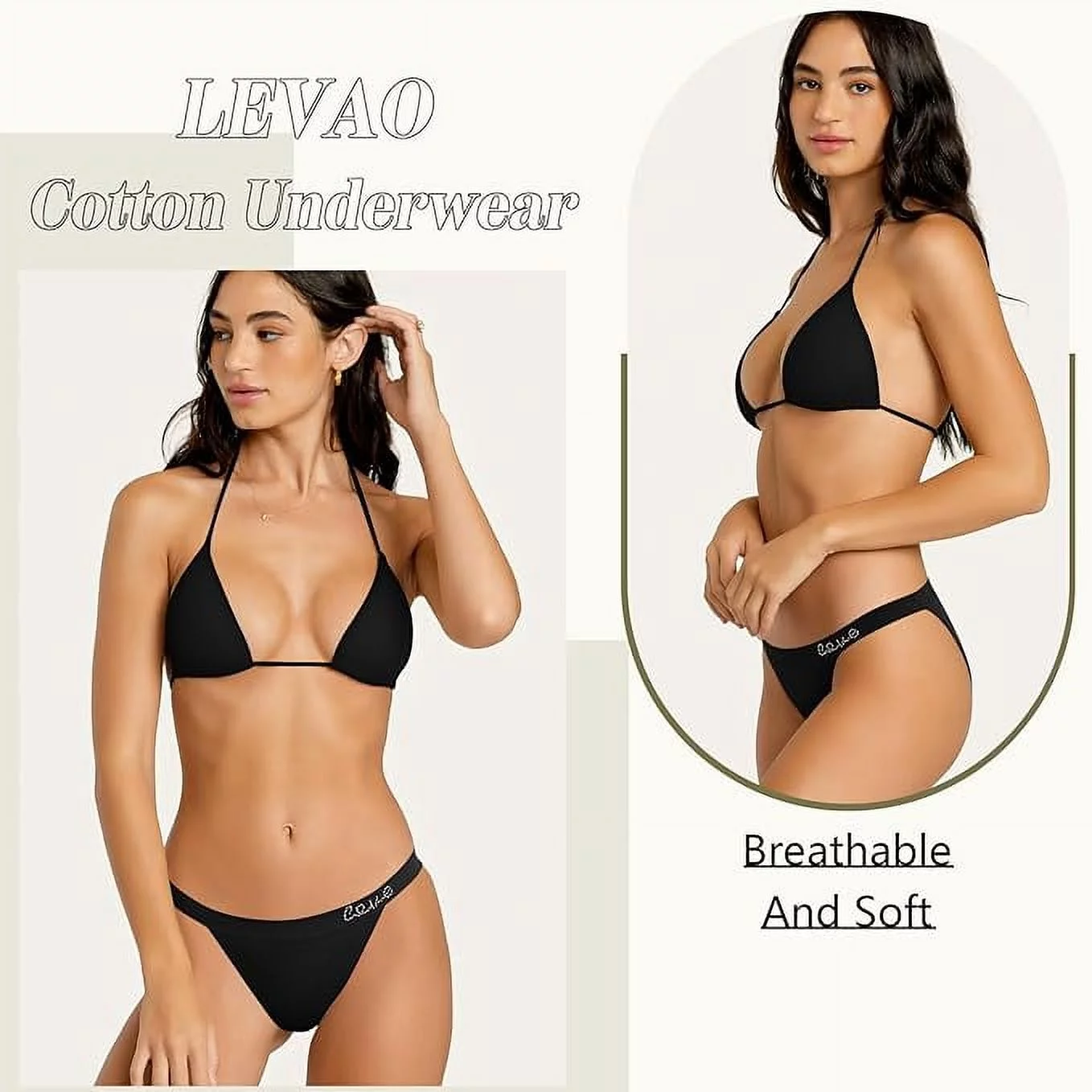 LEVAO Cotton Underwear Women Cheeky Panties Rhinestone Logo Low Rise String Bikini Panties 6 Pack S-XL