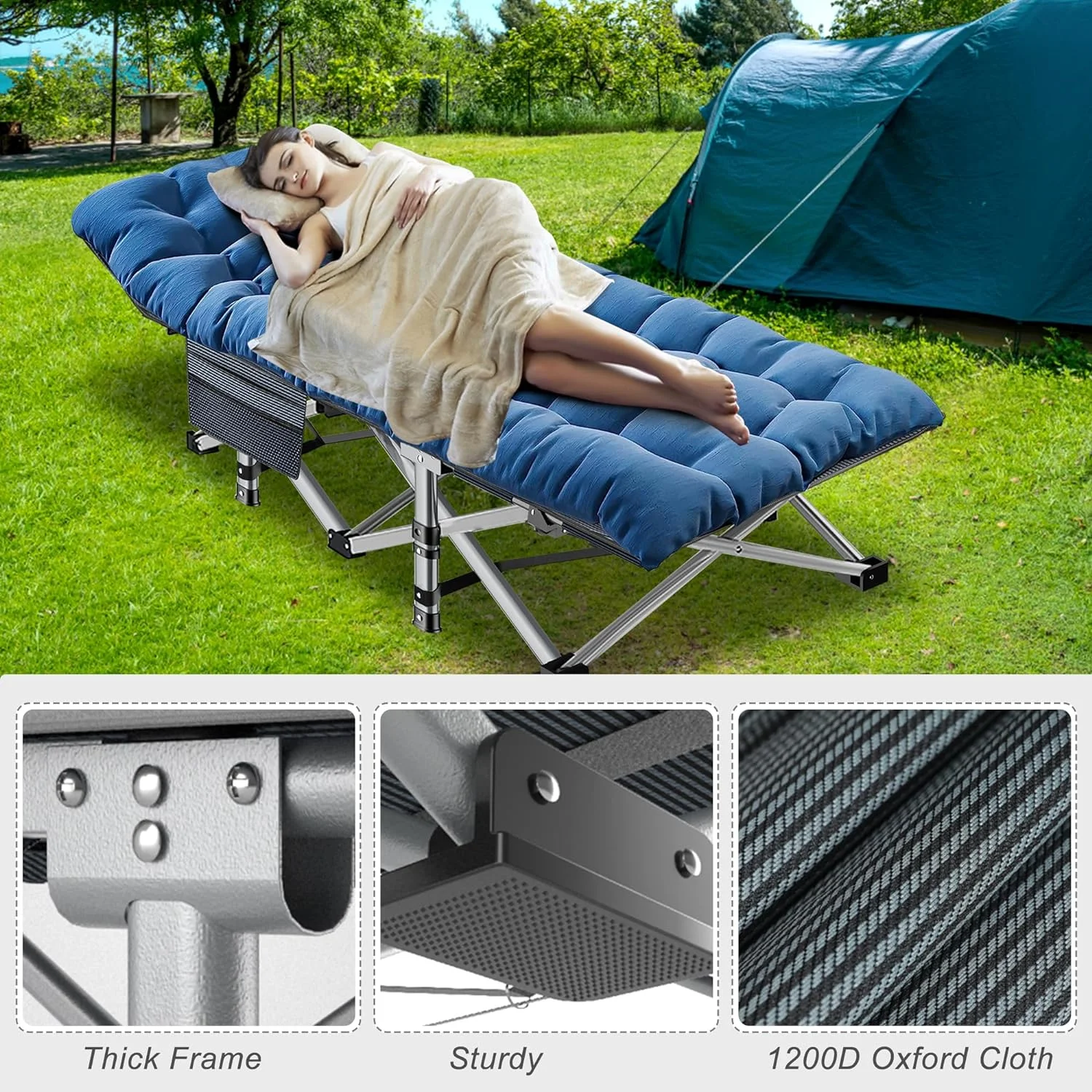 ABORON Folding Camping Cot W/Mat for Adults, Heavy Duty Outdoor Bed with Carry Bag,1200 D Layer Oxford Travel Camp Cots