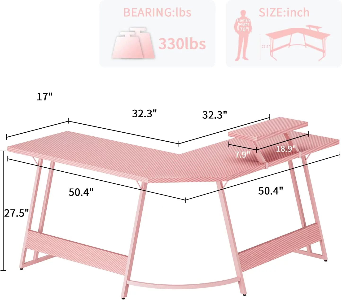 ONKER L Shaped Gaming Desk 51 Inch Computer Corner Desk, Home Pc Desk, Office Writing Workstation with Large Monitor Stand, Space Saving Table (Pink)