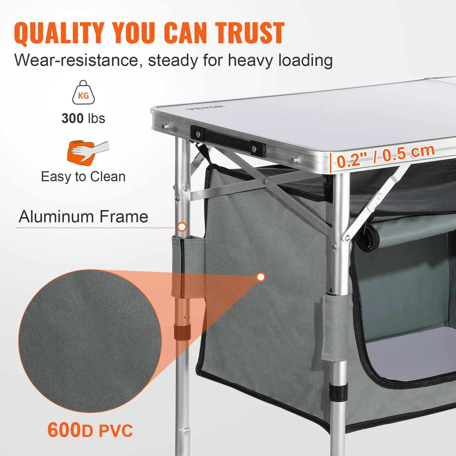 VEVOR Camping Kitchen Table Portable Outdoor Cooking Table Folding Camping Table, Adjustable Heights, Ideal for Outdoor Picnics, BBQs, Camping, RV Traveling, Gray