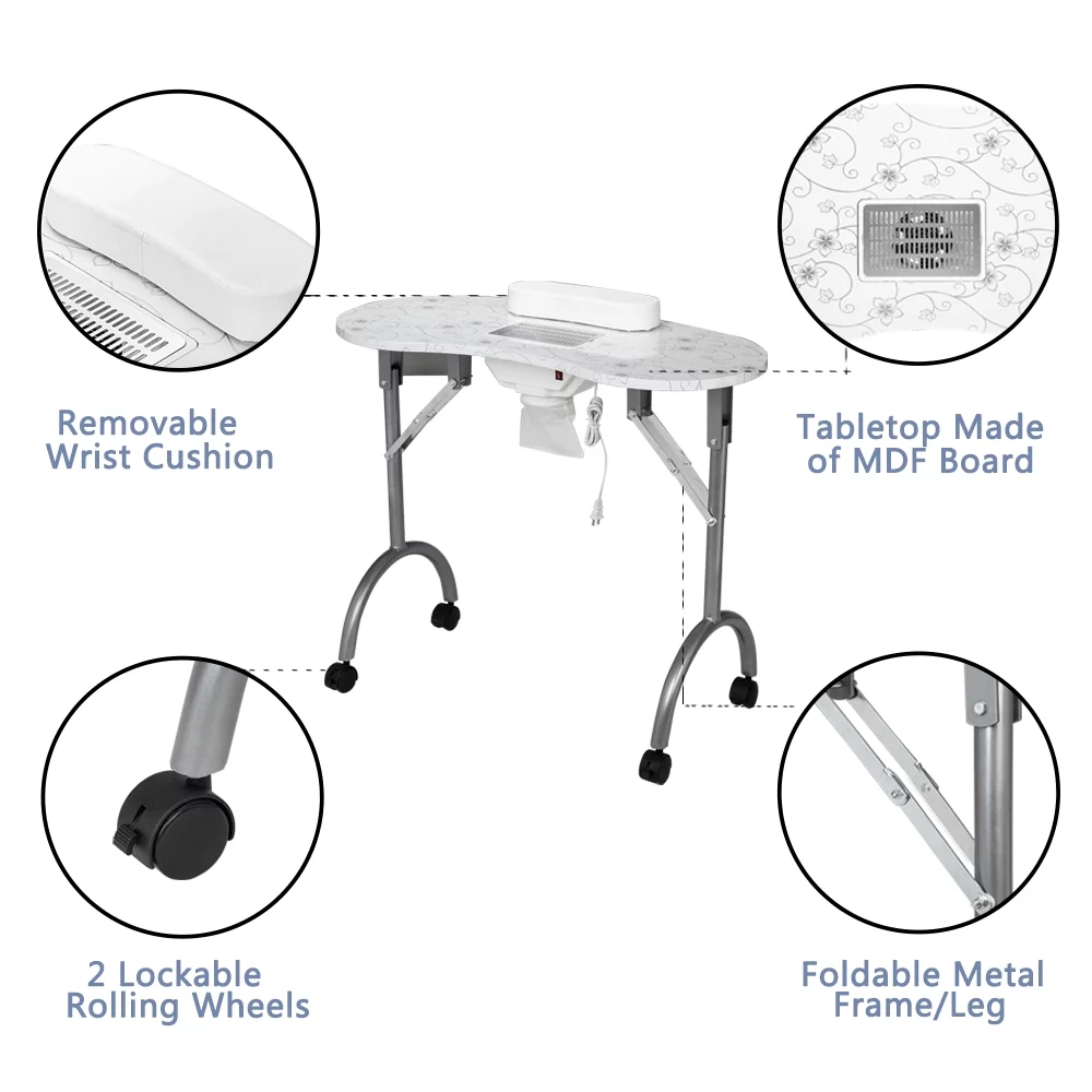 OmySalon Folding Manicure Table Nail Desk with Electric Dust Collector, Wrist Cushion & Carrying Bag