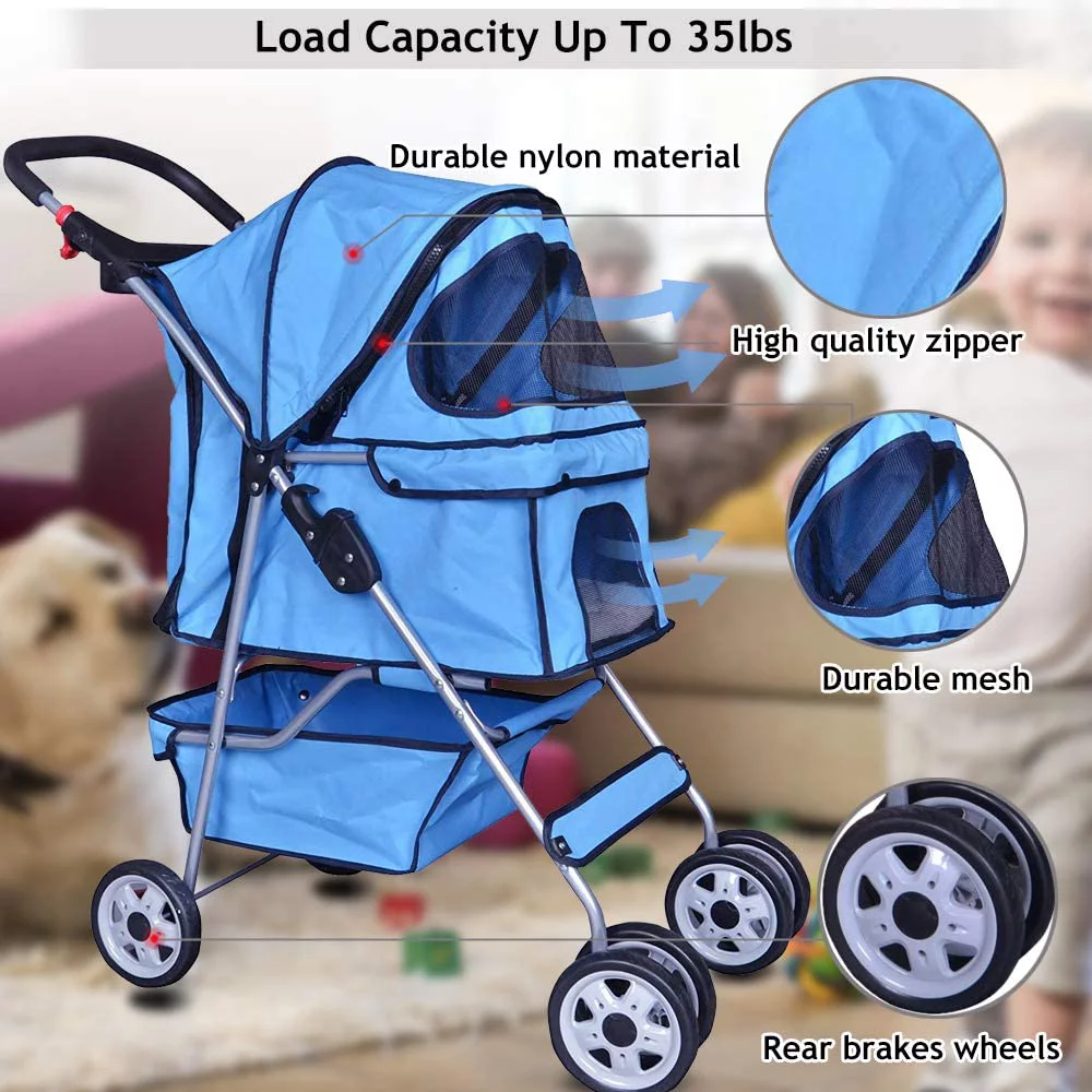 Dkelincs Pet Stroller- Folding  Cat Stroller for Medium Dogs with 4 Wheel & Cup Holder, Blue