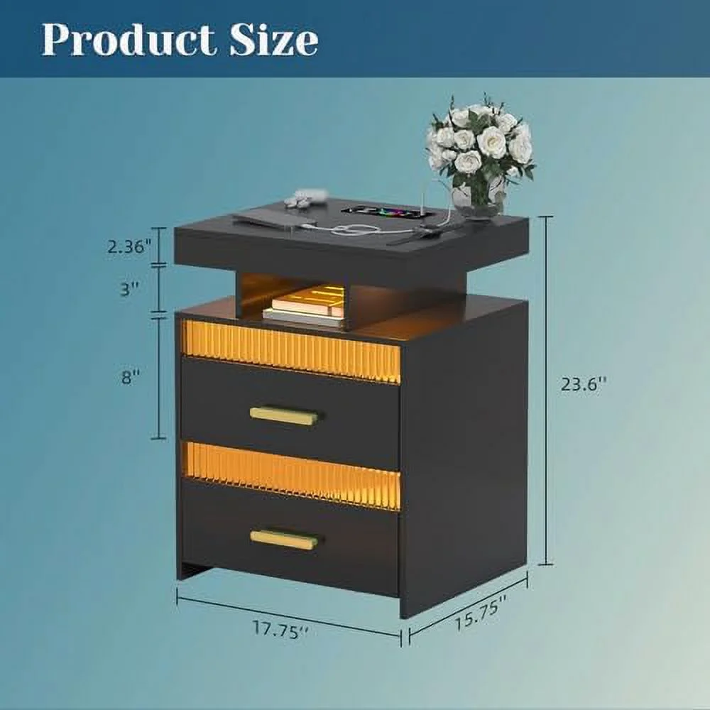 GEROBOOM LED Nightstand with Charging Station  Modern End Table with 2 Drawers  Bedside Table with with Human Sensor 24 Colors Lights for Bedroom (Black)