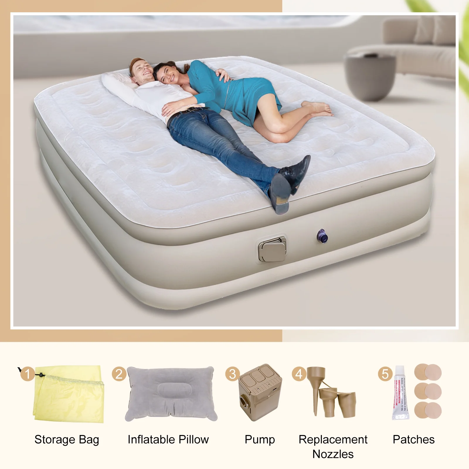 Inadays Twin Air Mattress with Built-In Pump Queen Blow Up Mattress 3 Mins Self Inflatable Air Bed Comfort Top Velvety Sleeping Surface for Guest Camping Home Portable Travel