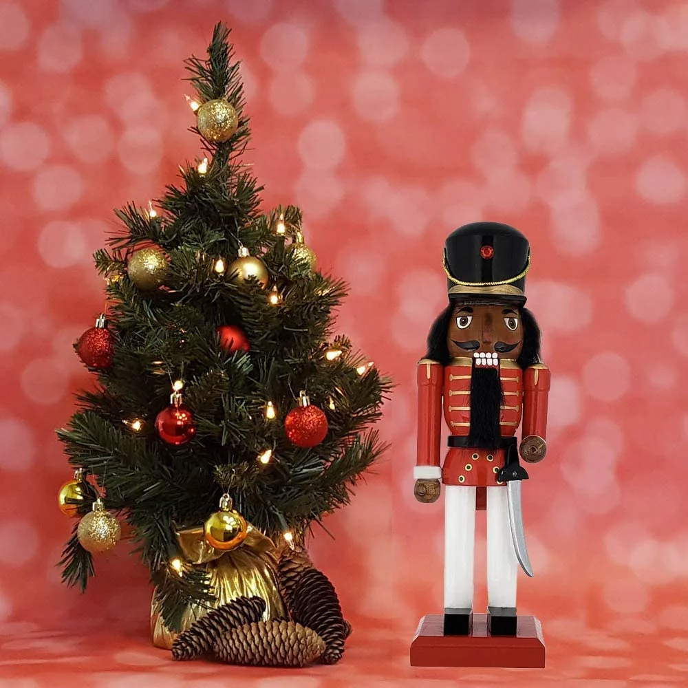 African American Soldier Nutcracker Red White Black Hat 10 inch