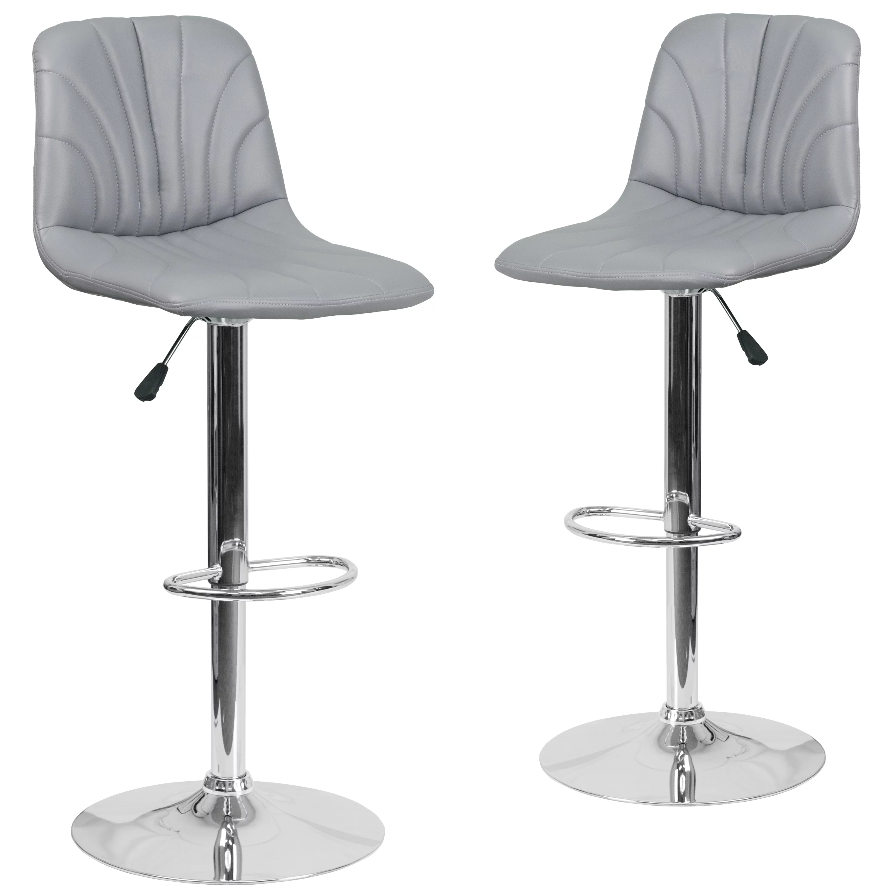 Flash Furniture Ryan 2 Pack Contemporary Gray Vinyl Adjustable Height Barstool with Embellished Stitch Design and Chrome Base