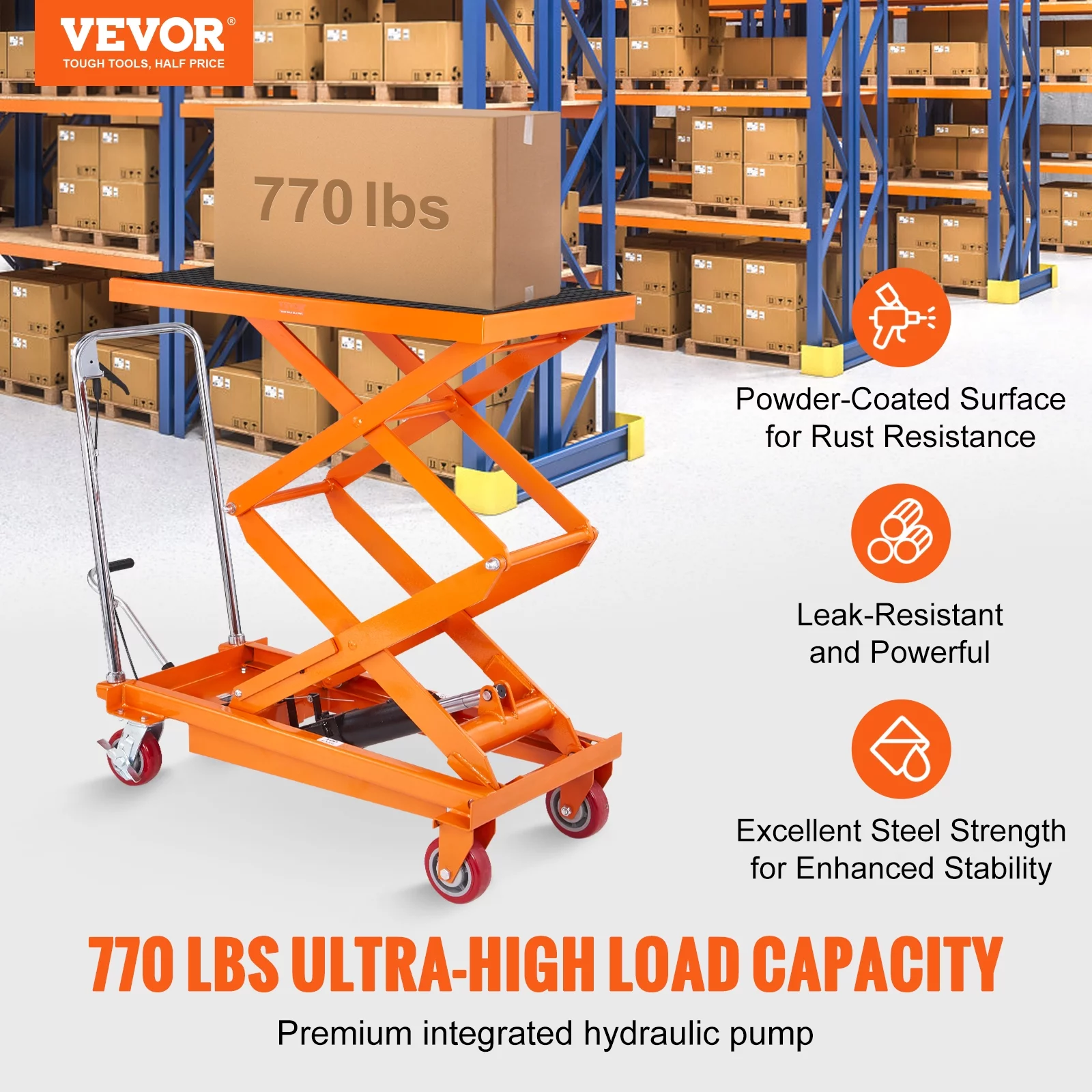 BENTISM Hydraulic Lift Table Cart 770 lbs Manual Double Scissor Lift Table 59