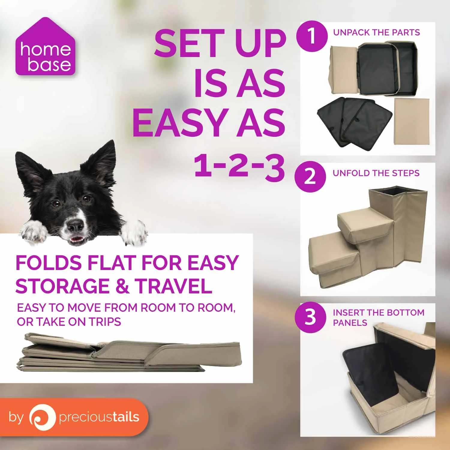 Precious Tails 3-Step Storage Foldable Dog Cat Pet Steps