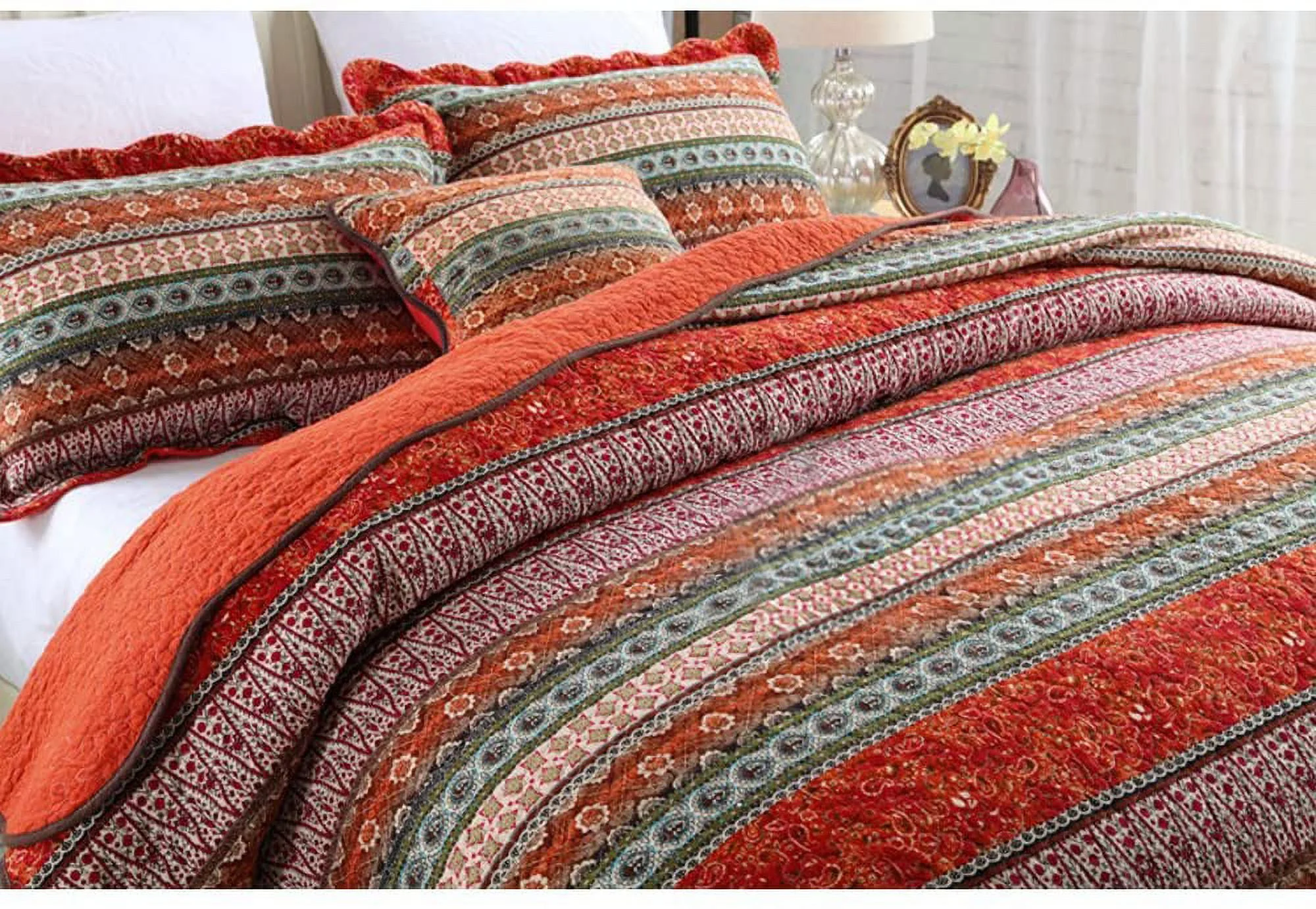 NEWLAKE Striped Classical Cotton 3-Piece Patchwork Bedspread Quilt Sets King Size