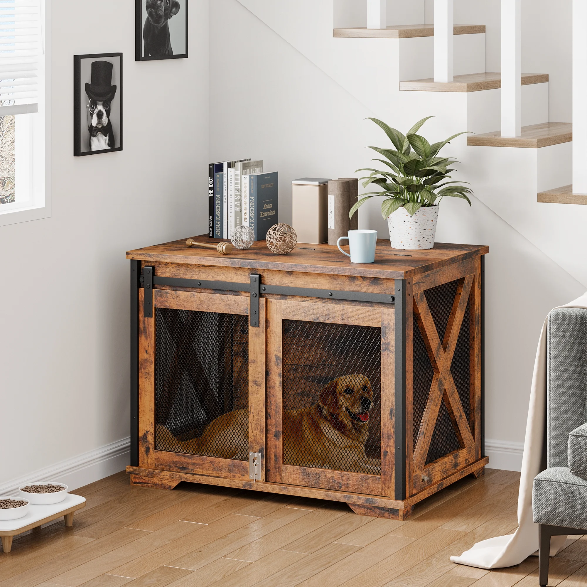 37'' Dog Crate Furniture Side End Table with Flip Top and Movable Divider, Wooden Dog Crate Table Large, Style Dog Kennel Side End Table