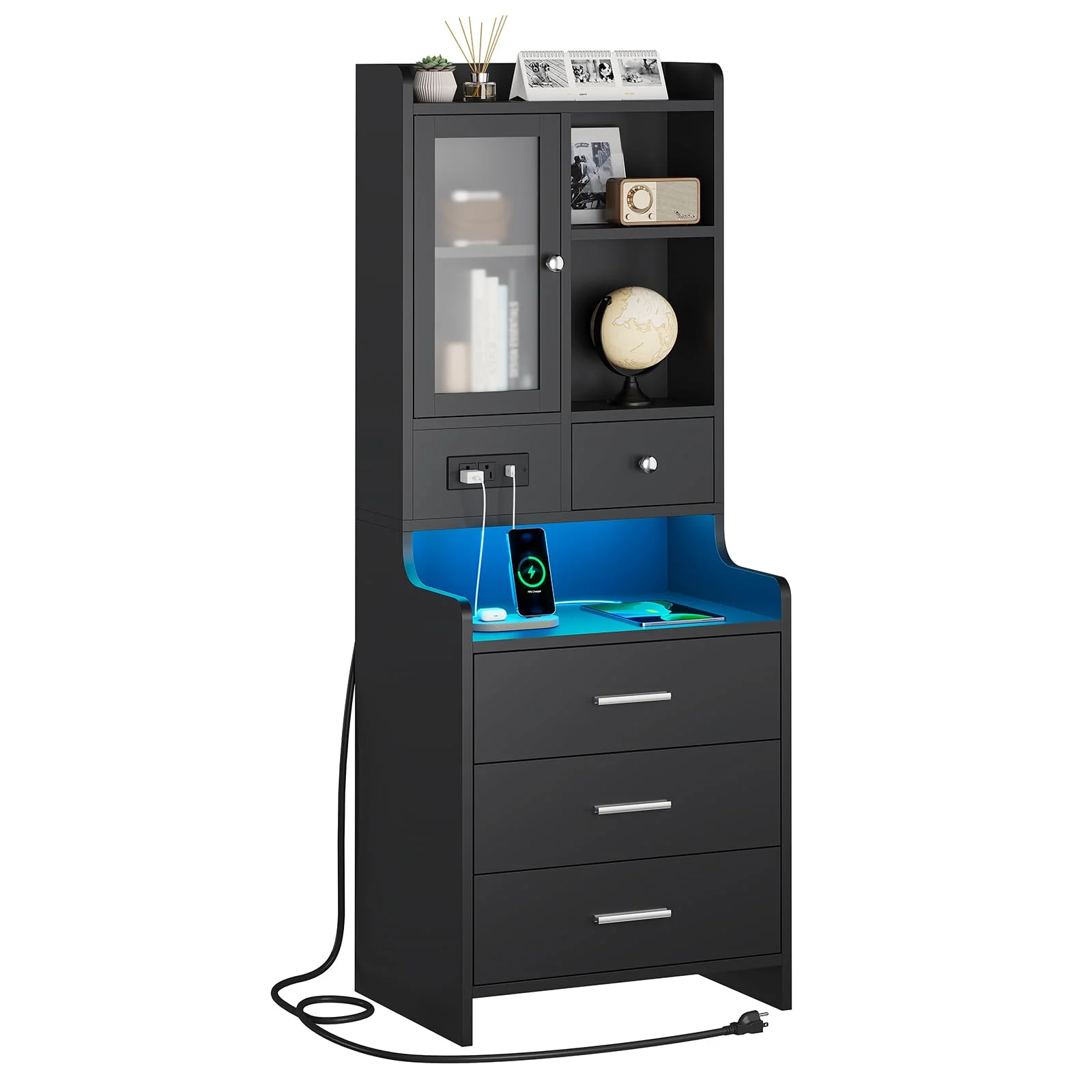 Tall Night Stand with Charging Station and LED Lights,49.2