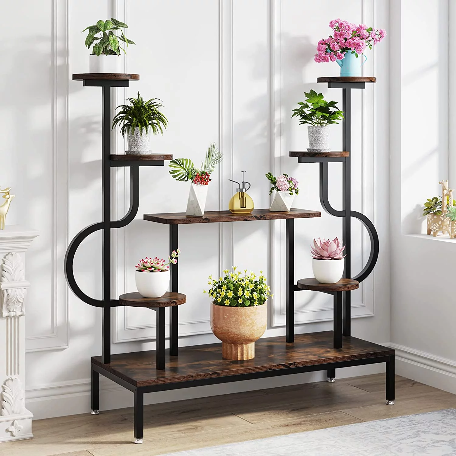 Tribesigns 8-Tier Indoor/Outdoor Metal Plant Stand, Wood Potted Ladder Flower Rack, Rustic Brown