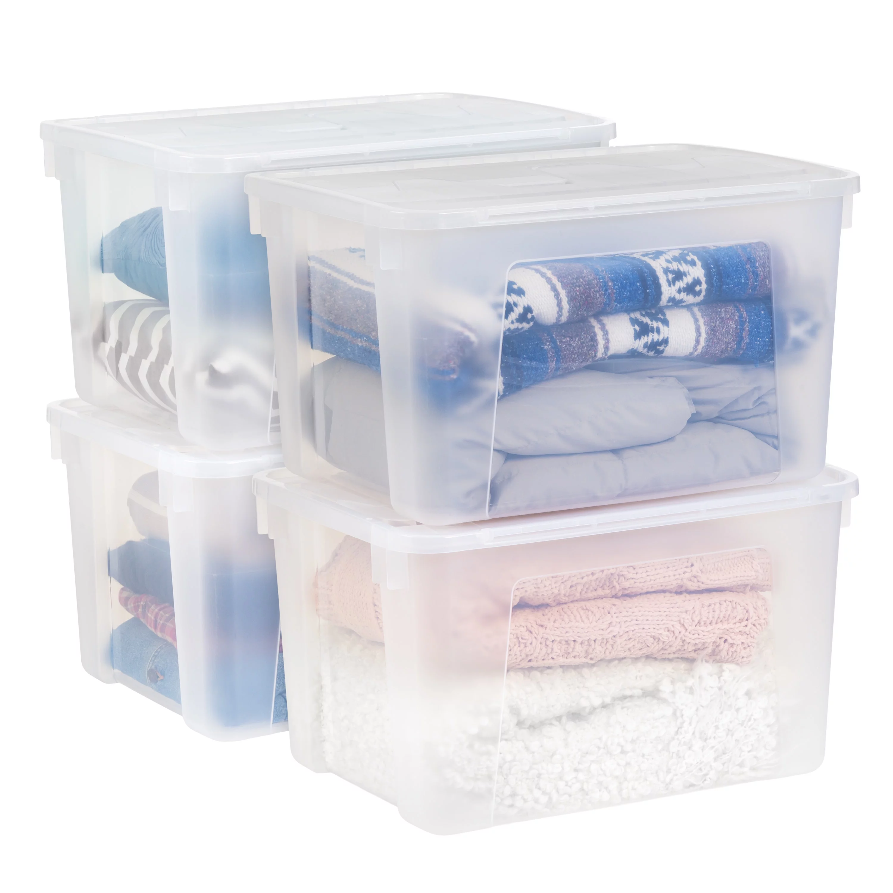 IRIS USA 50 Qt. (12 gal.) Plastic Storage Box with Attached Hinged Lid, Clear, Set of 4