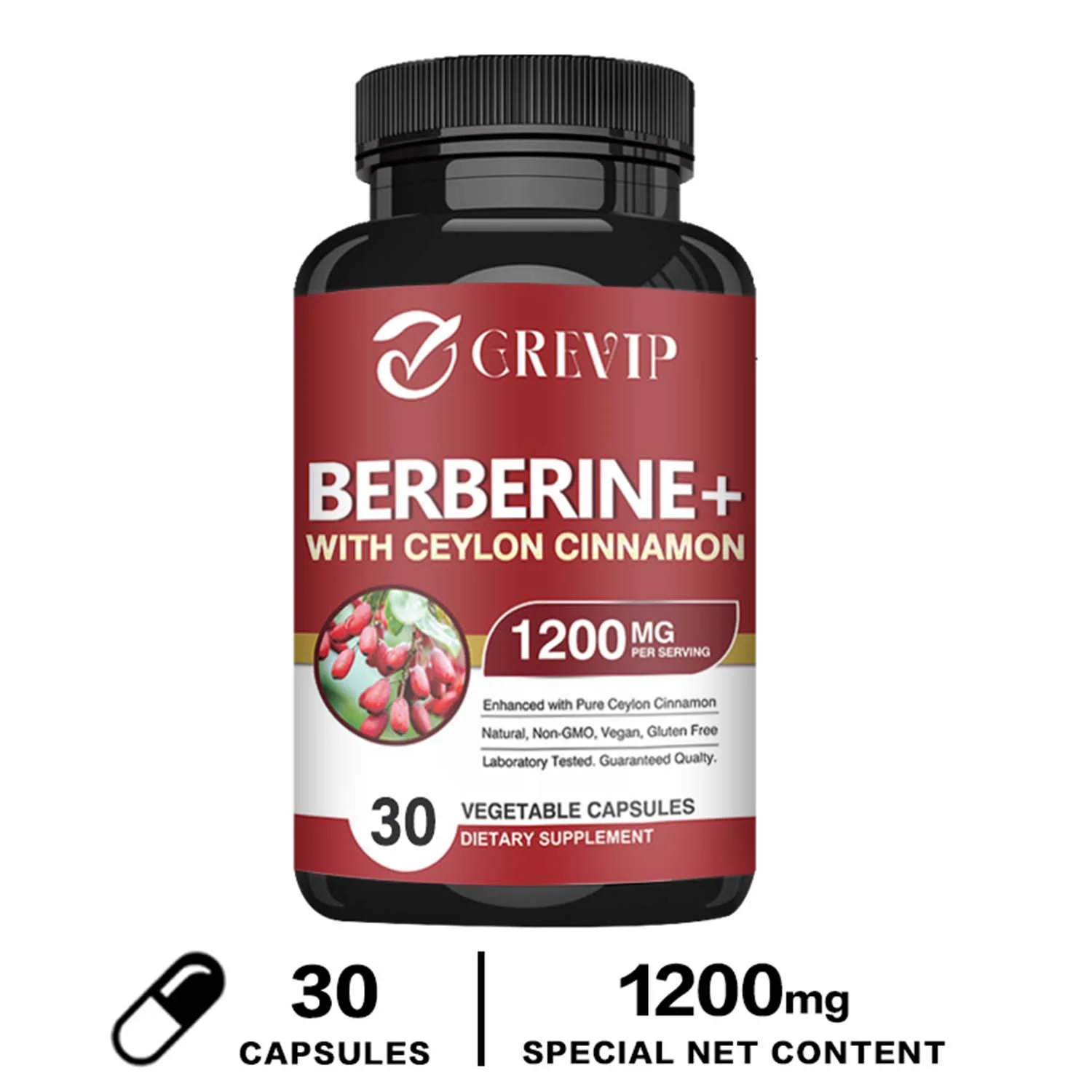 Grevip Berberine HCI+Ceylon Cinnamon 1200mg -Cardiovascular Health,Blood Sugar Support(30/60/120pcs)