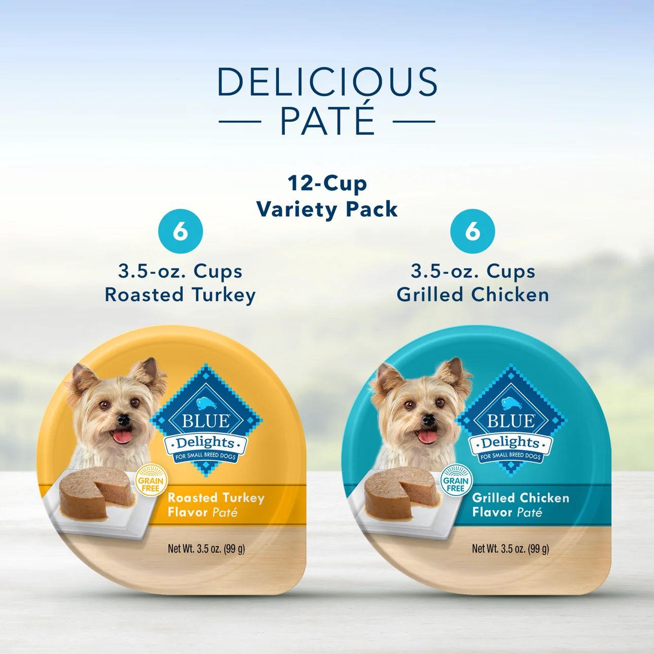 Blue Buffalo Delights Small Breed Roasted Turkey & Grilled Chicken Pate Wet Dog Food Variety Pack for Adult Dogs, Grain-Free, 3.5 oz. Cups (12 Pack)
