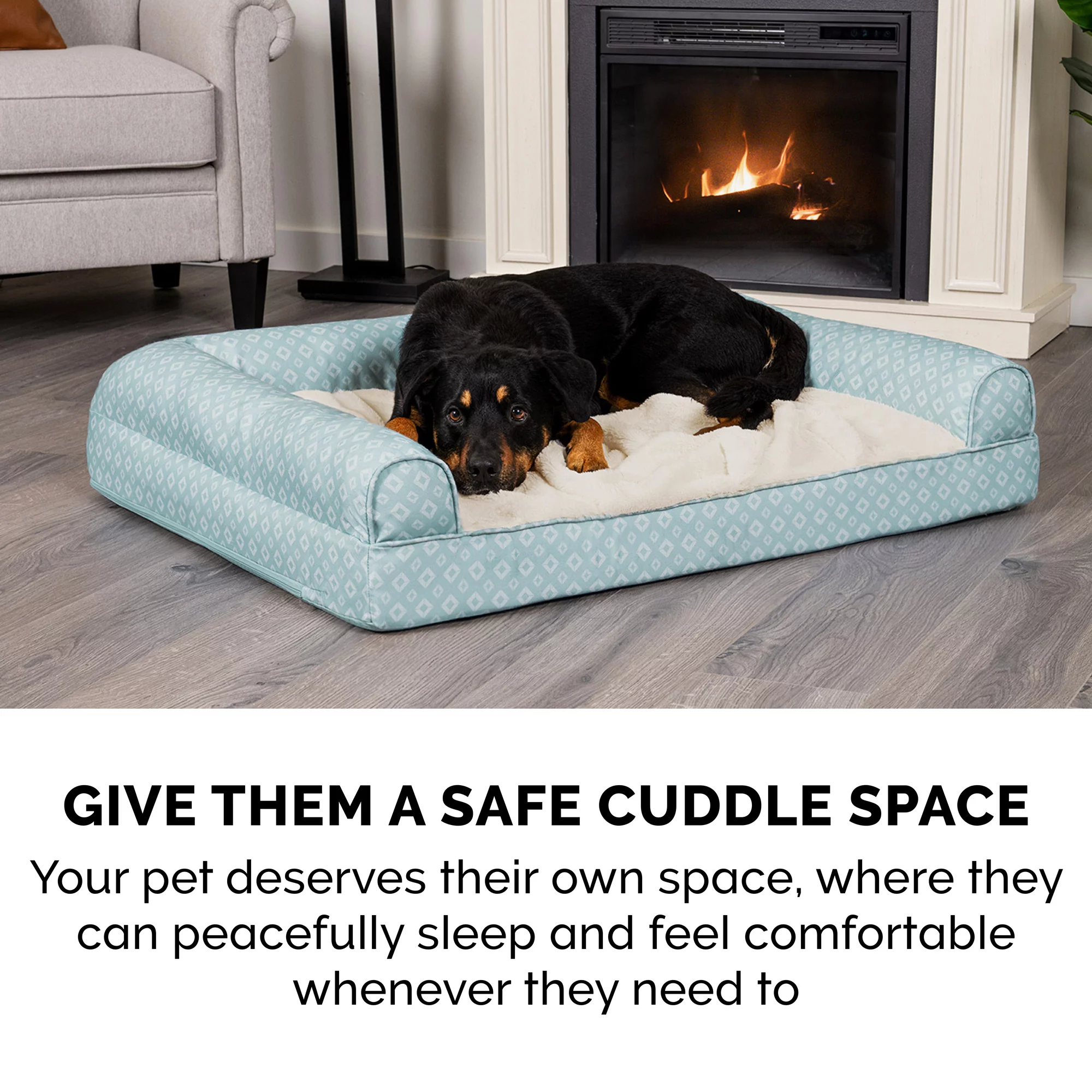 FurHaven Pet Products Plush Fur & Diamond Print Nest-Top Orthopedic Sofa-Style Pet Bed for Dogs & Cats - Aqua, Medium