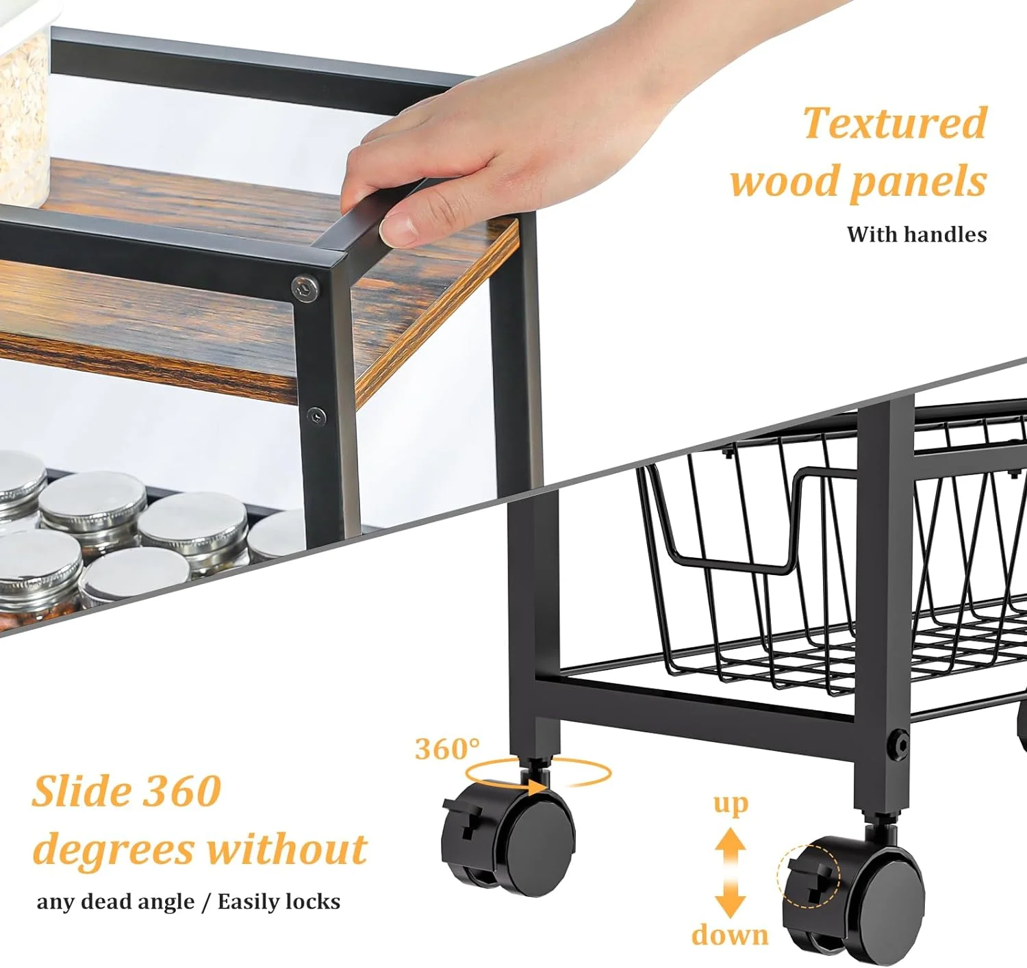 4-Tier Slim Storage Cart with Wheels,X-cosrack Rolling Utility Cart with Slide-Out Wire Baskets & Wooden Tabletop,Mobile Shelving Unit for Bathroom Kitchen Laundry Narrow Places